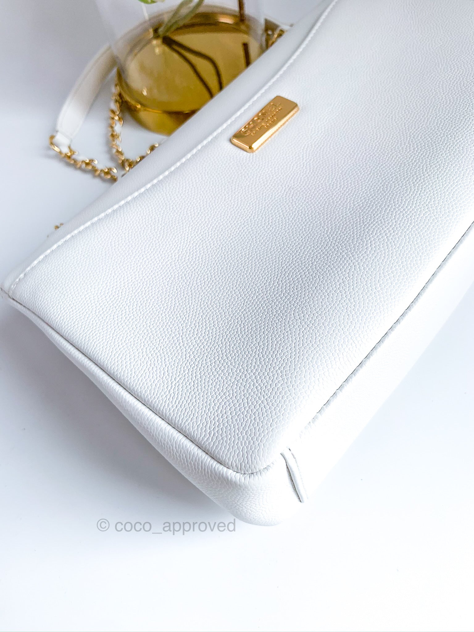 Chanel White Flap Bag Golden Strip Grained Calfskin Gold Hardware – Coco  Approved Studio