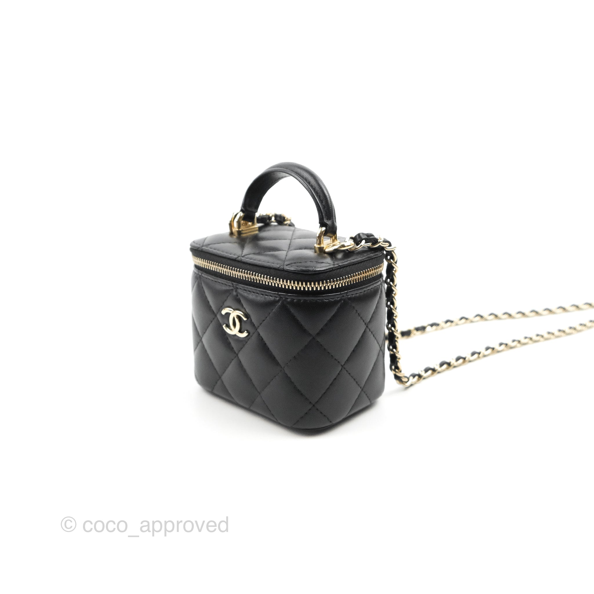 Chanel Mini Top Handle Vanity With Chain Black Lambskin Gold Hardware –  Coco Approved Studio