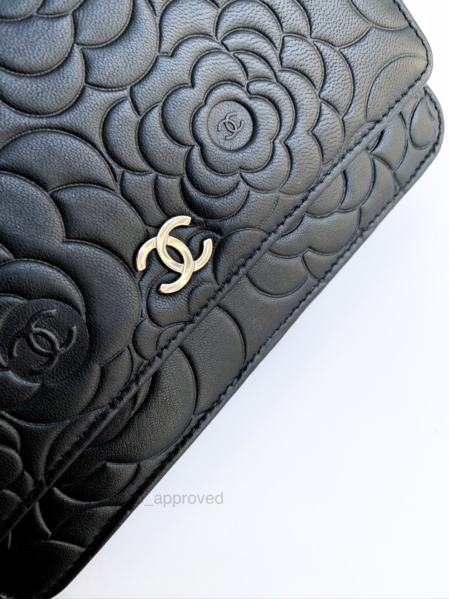 CHANEL Black Camellia Embossed Wallet On Chain WOC Shoulder Bag k68 –  hannari-shop