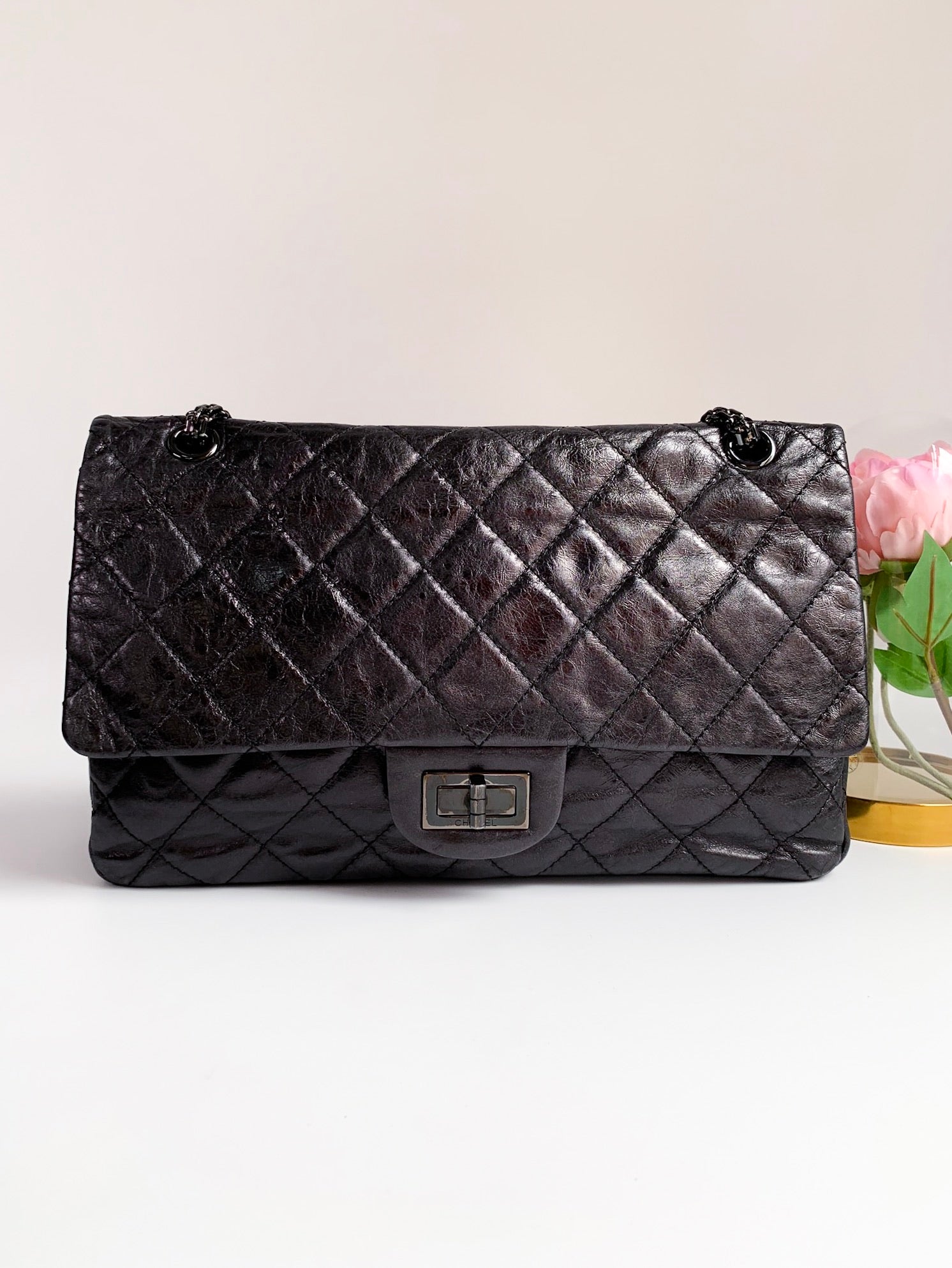 Chanel Glazed Calfskin Quilted 2.55 Reissue 227 Flap So Black