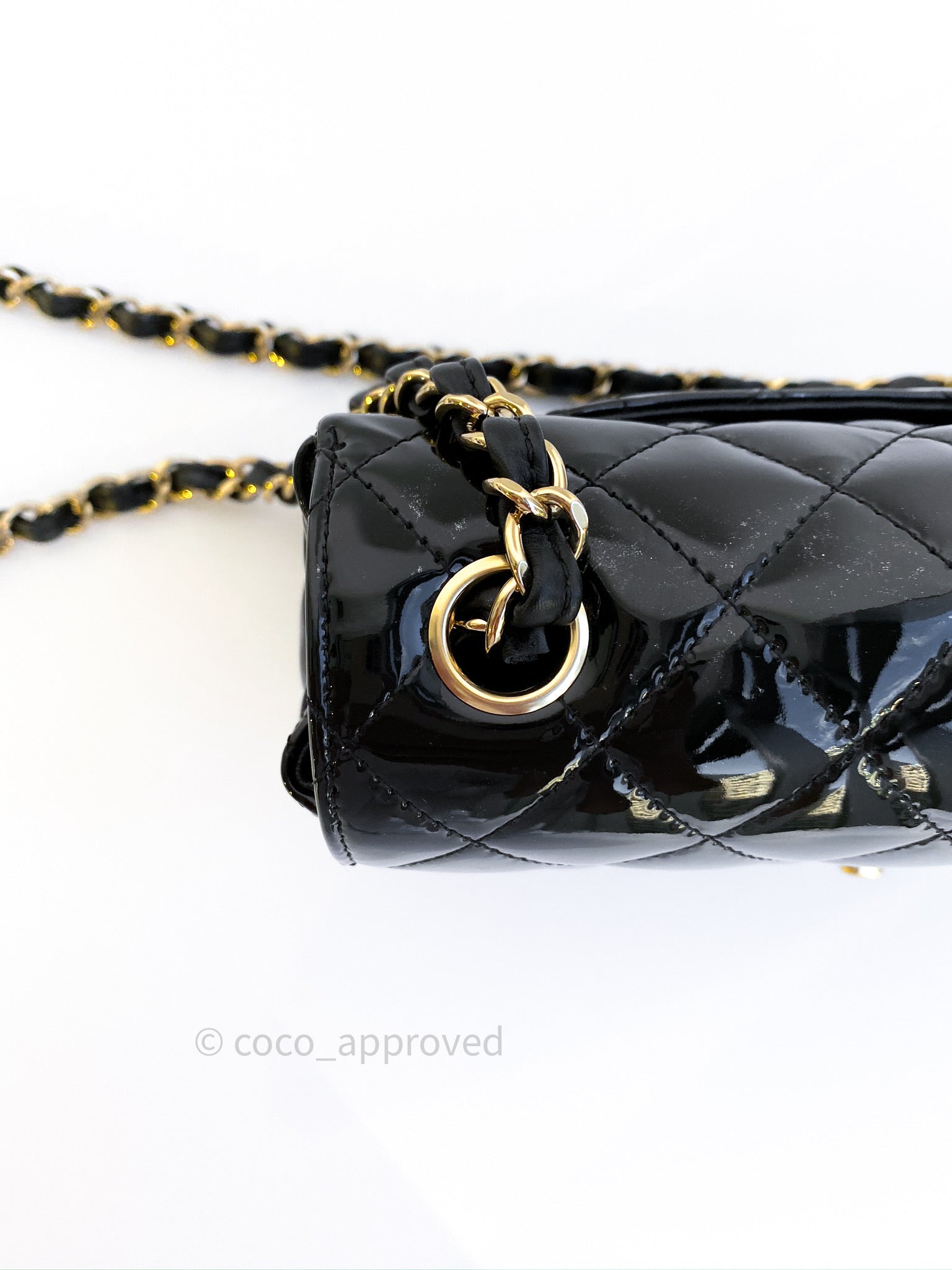 Chanel Quilted Mini Rectangular Flap Black Patent Light Gold