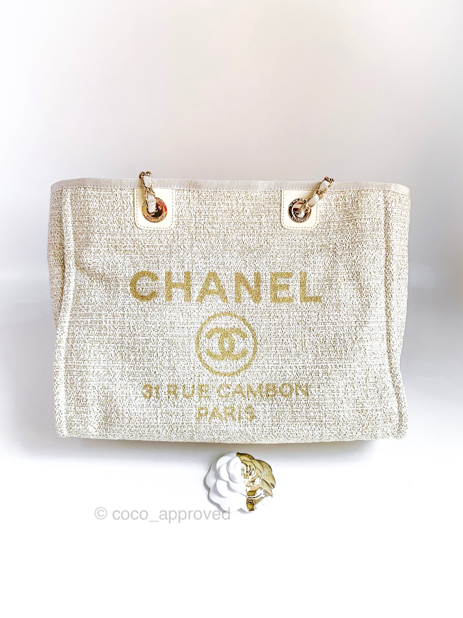 Chanel Canvas Deauville Medium Tote Light Beige Gold 19C – Coco Approved  Studio