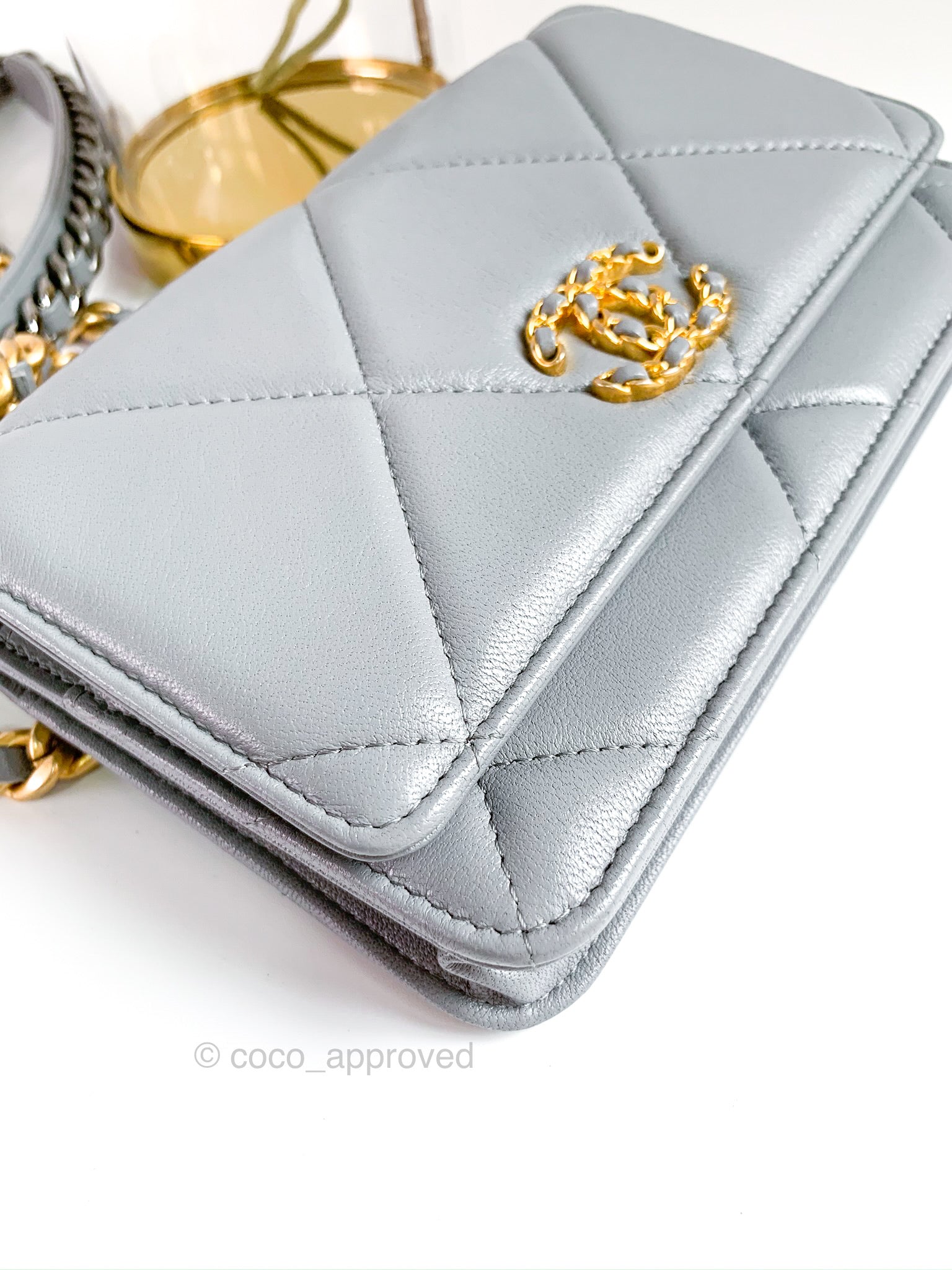 Chanel 19 Quilted Wallet on Chain WOC Grey Goatskin Mixed Hardware