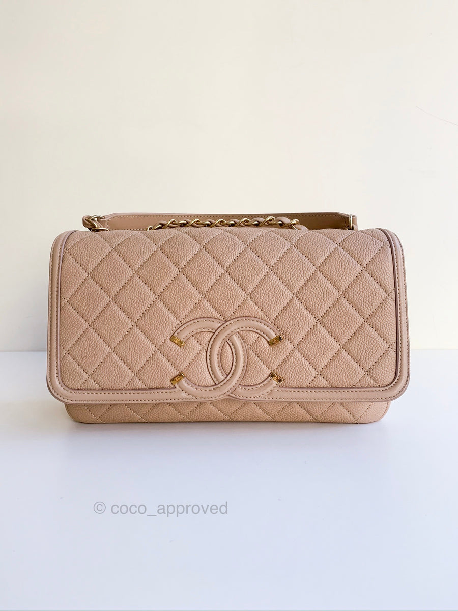 Authentic Chanel medium flap quilted caviar leather Filigree beige bla –  The Find