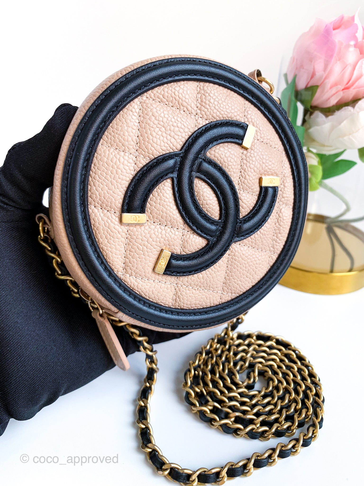Chanel Quilted Round Filigree Crossbody Beige Black Caviar – Coco