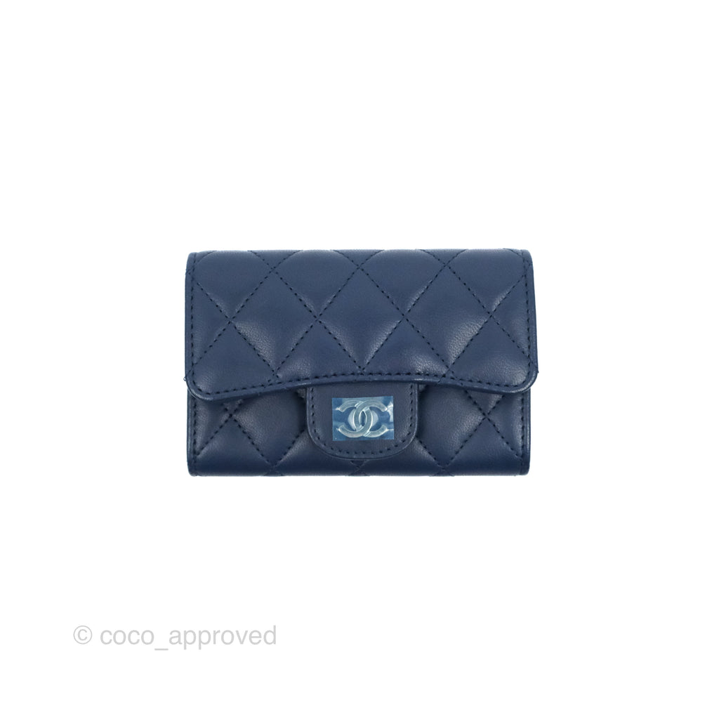 Chanel Quilted Flap Card Holder Navy Lambskin Silver Hardware