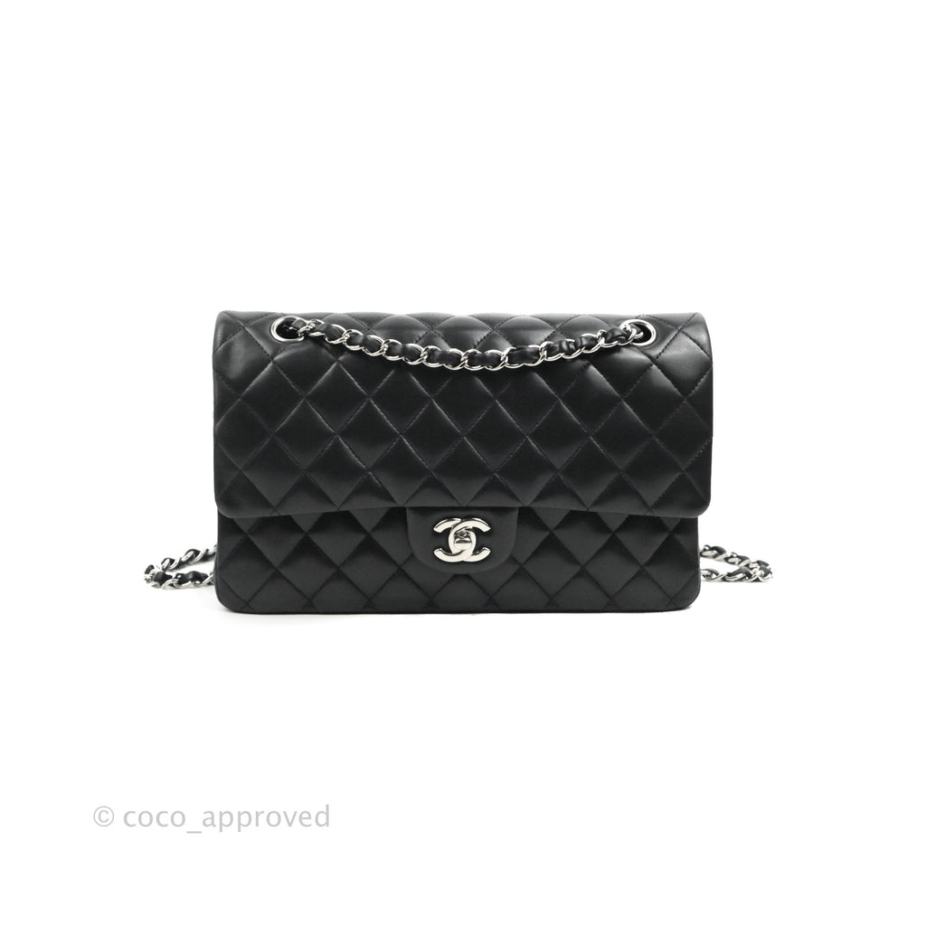 Chanel Classic M/L Medium Flap Quilted Black Lambskin Silver Hardware