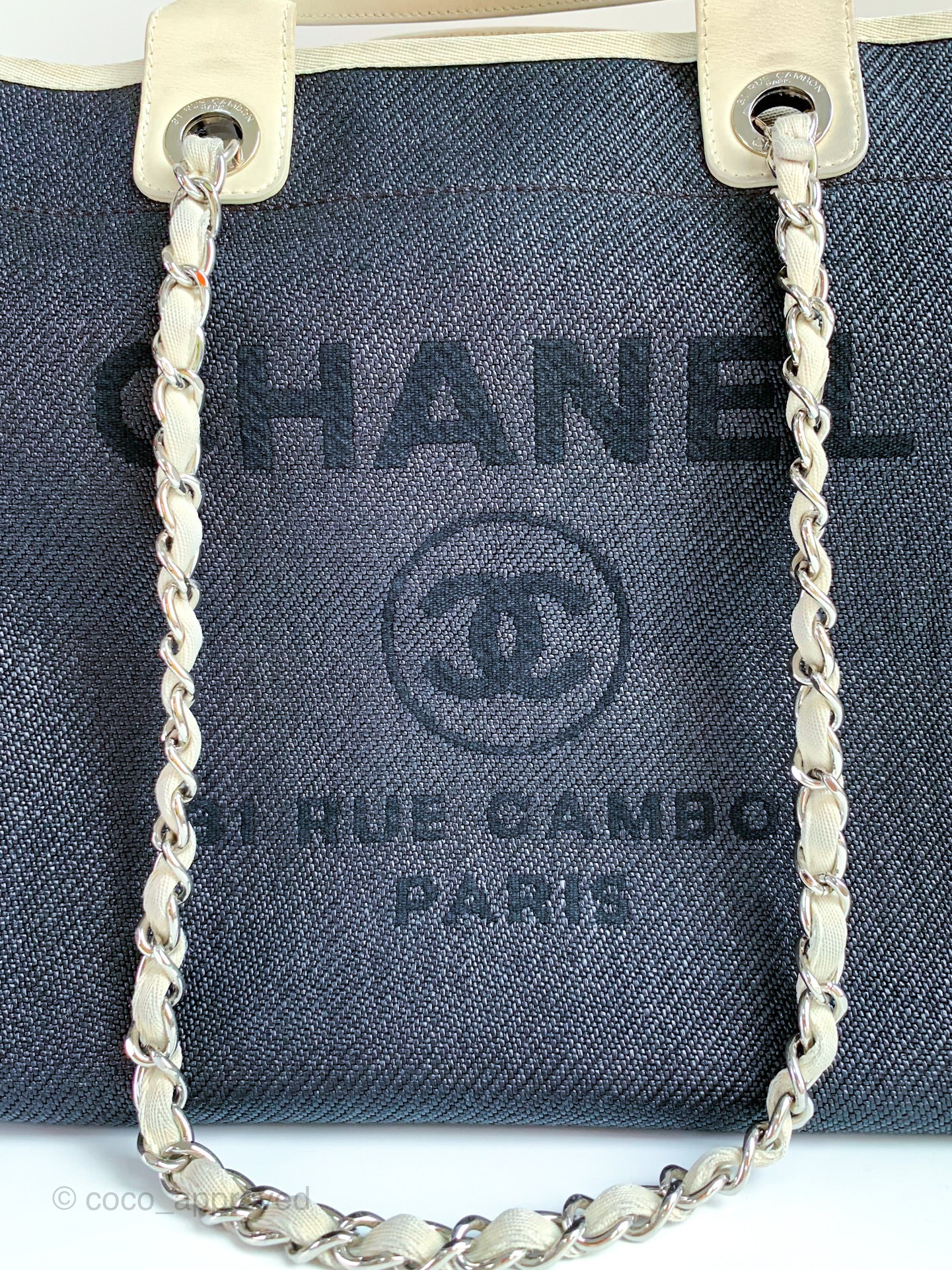 Chanel Canvas Large Deauville Tote Ivory Beige Nude Handles