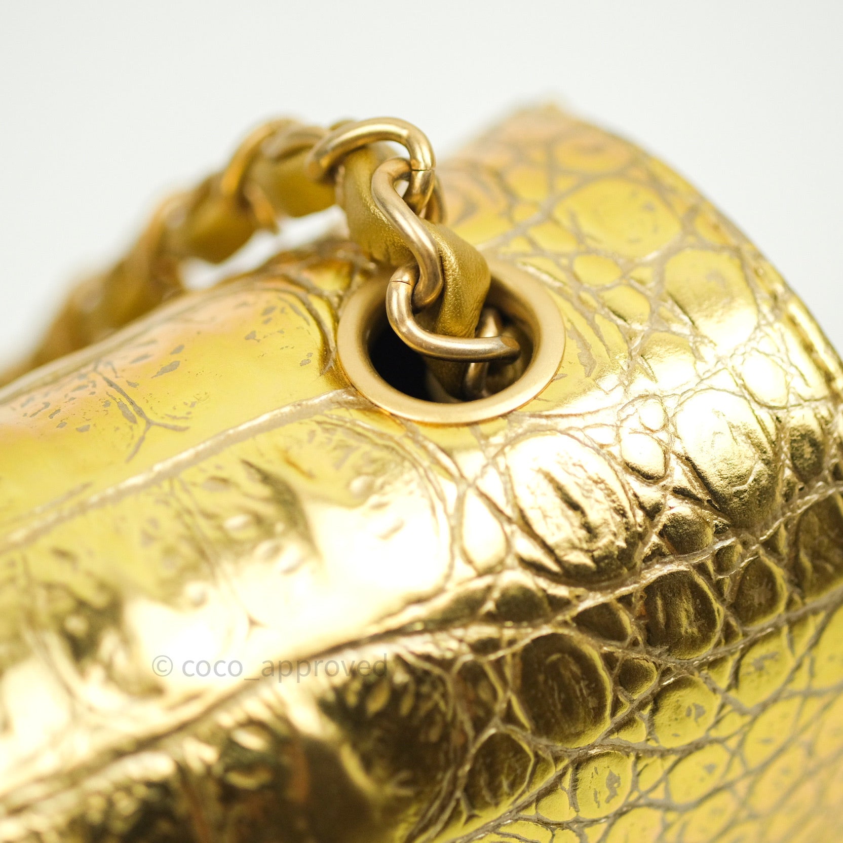 Chanel Gold Metallic Calfskin Crocodile Embossed Rectangular Mini Flap –  Coco Approved Studio