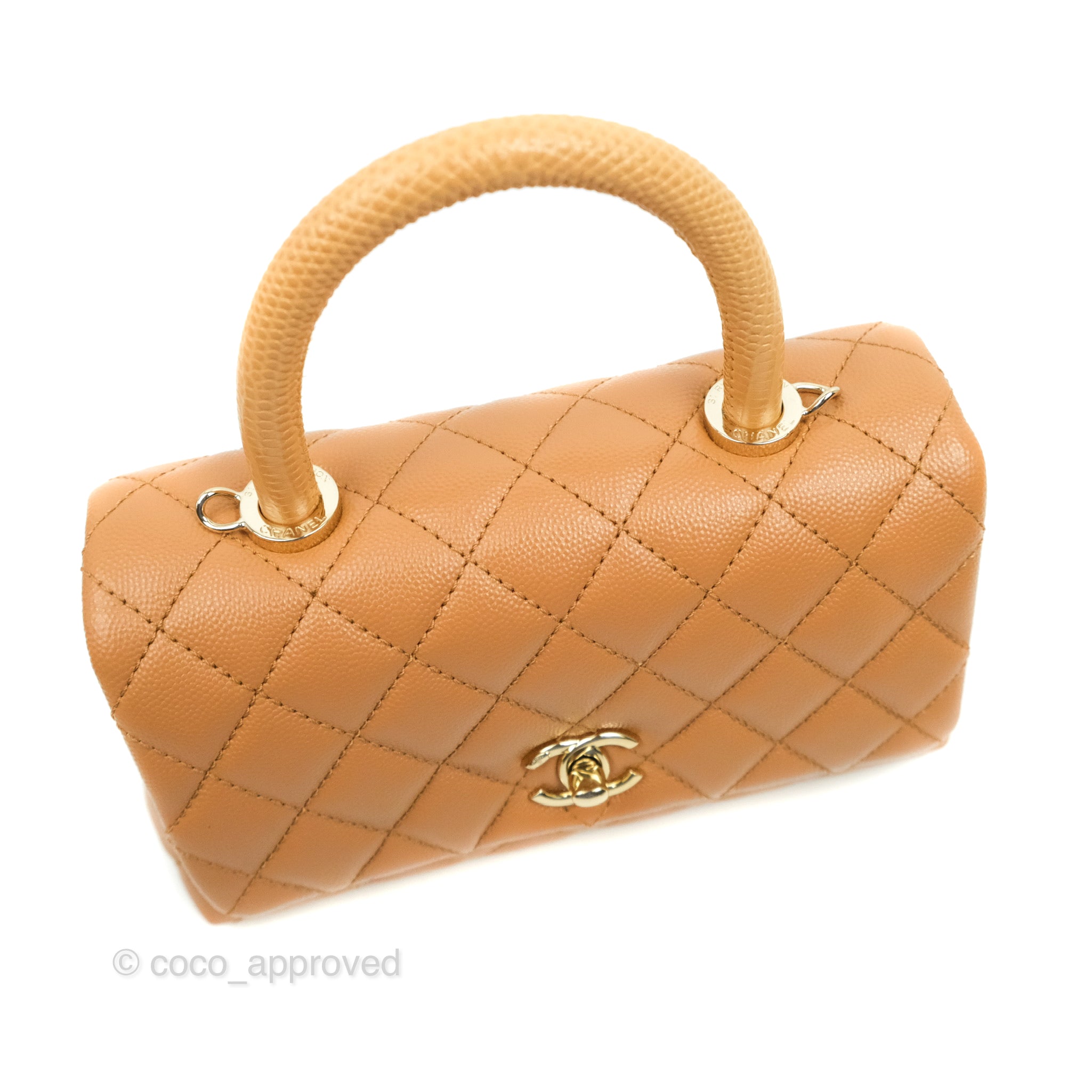 Chanel Mini (Small) Coco Handle Quilted Dark Beige Caramel Caviar Gold –  Coco Approved Studio