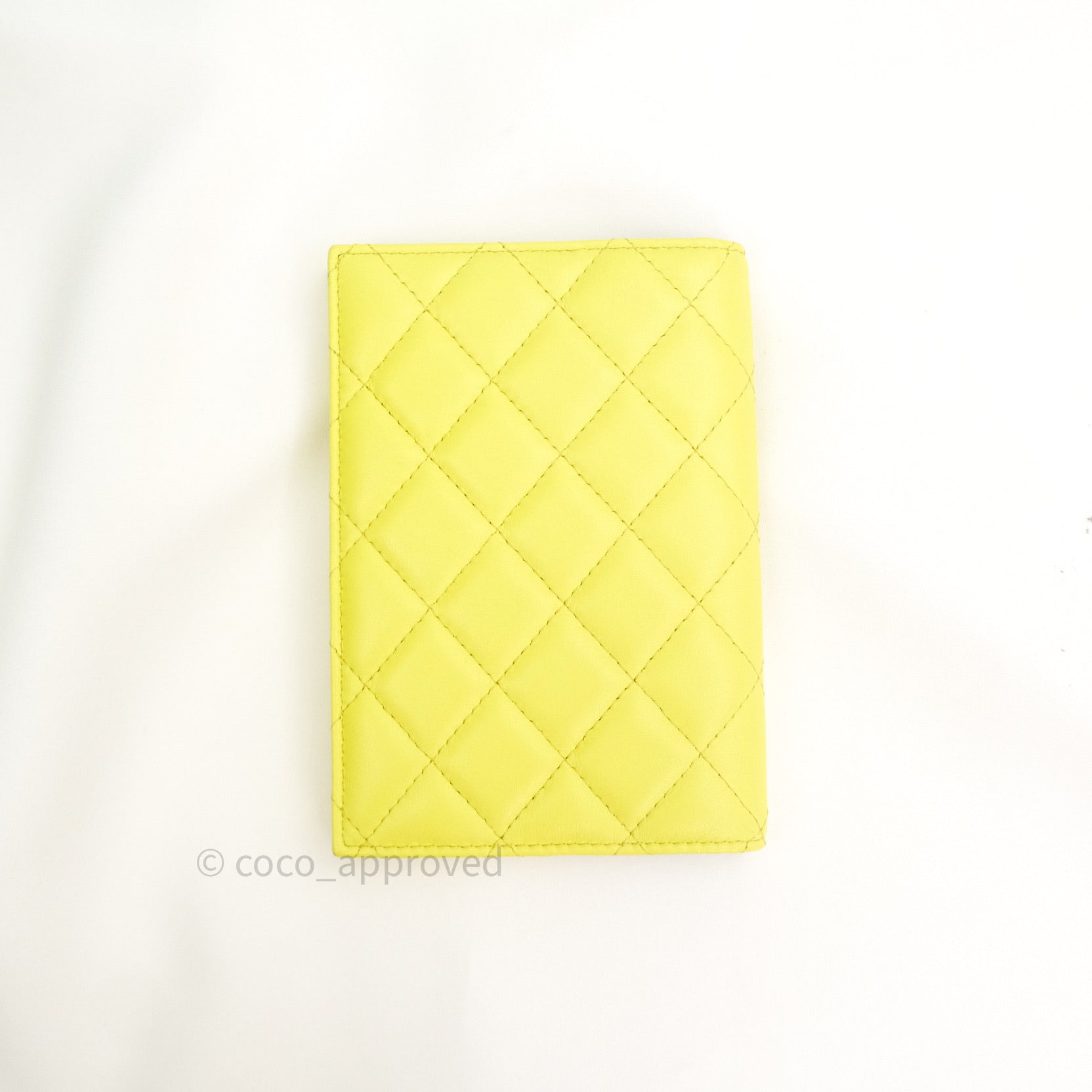 Chanel Quilted Passport Holder Lime Yellow Lambskin Silver
