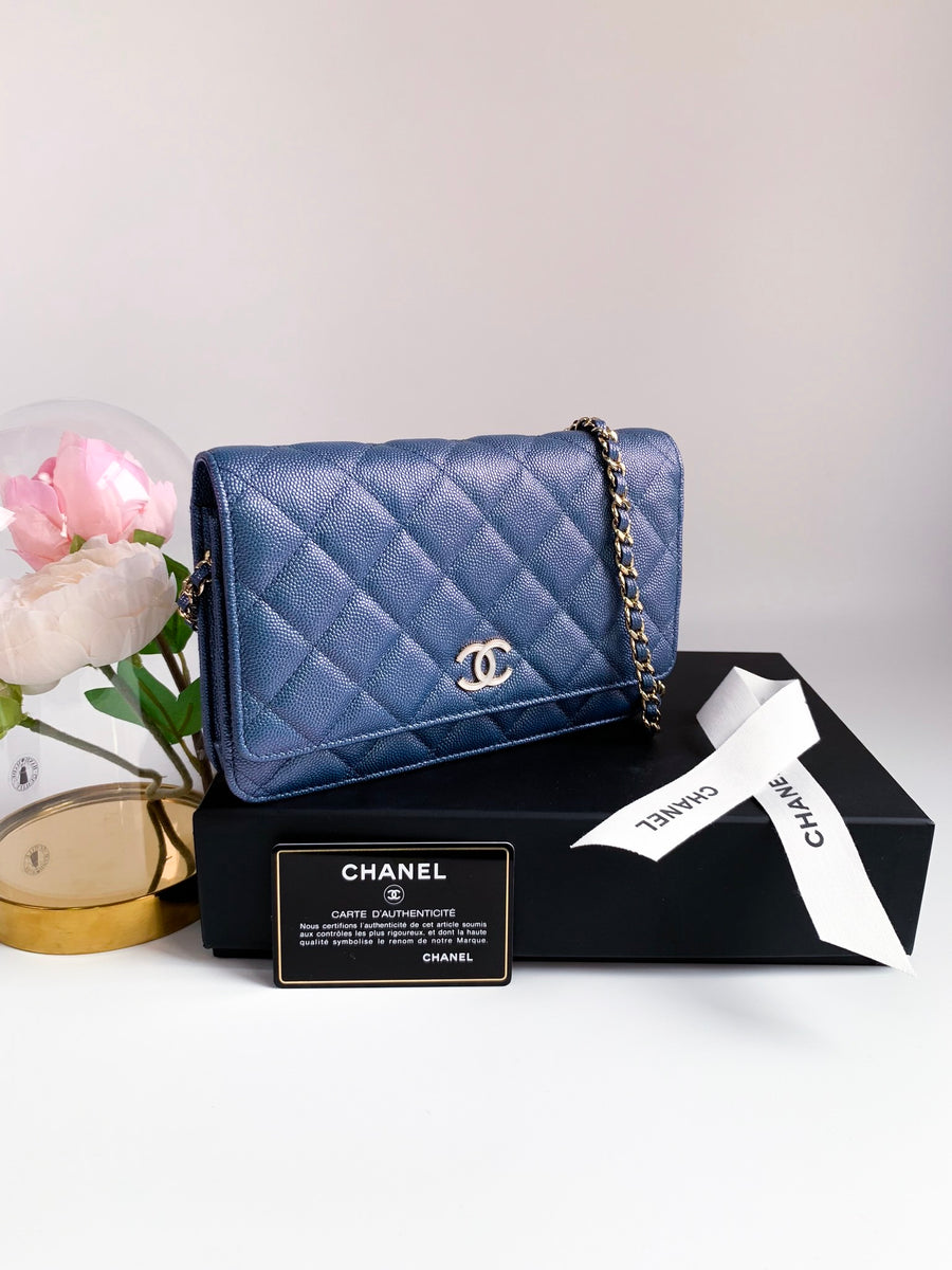 Chanel Iridescent Caviar Quilted Wallet On Chain WOC Dark Blue Light Gold  Hardware