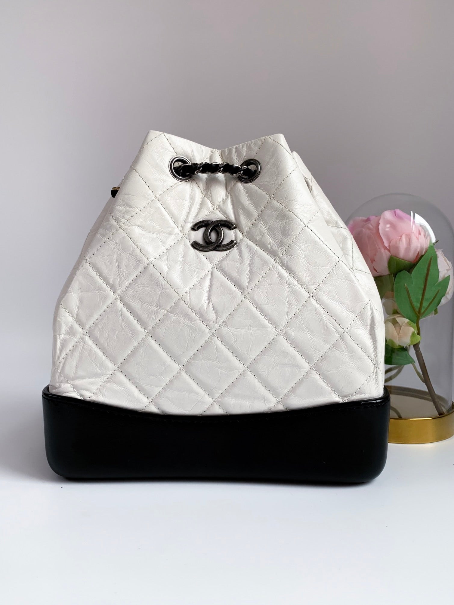 Chanel Gabrielle Backpack White Calfskin Black Base⁣ – Coco