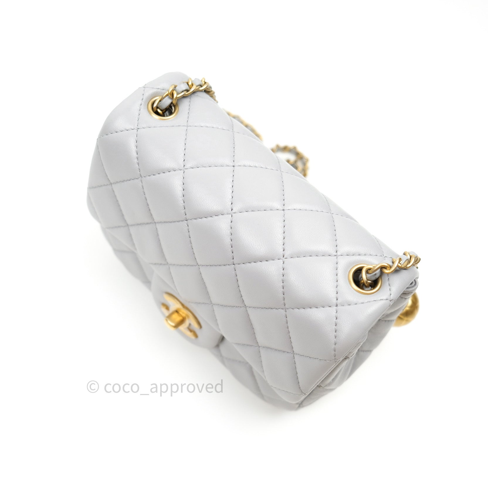 White Quilted Lambskin Mini Square Pearl Crush Flap Brushed Gold Hardware,  2022