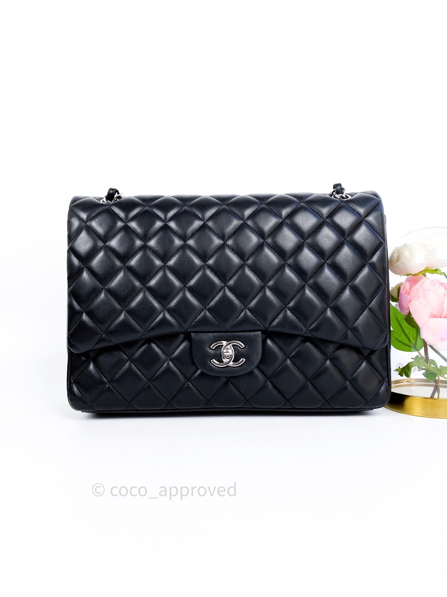 Chanel Single Flap Maxi Lambskin Black Silver Hardware – Coco