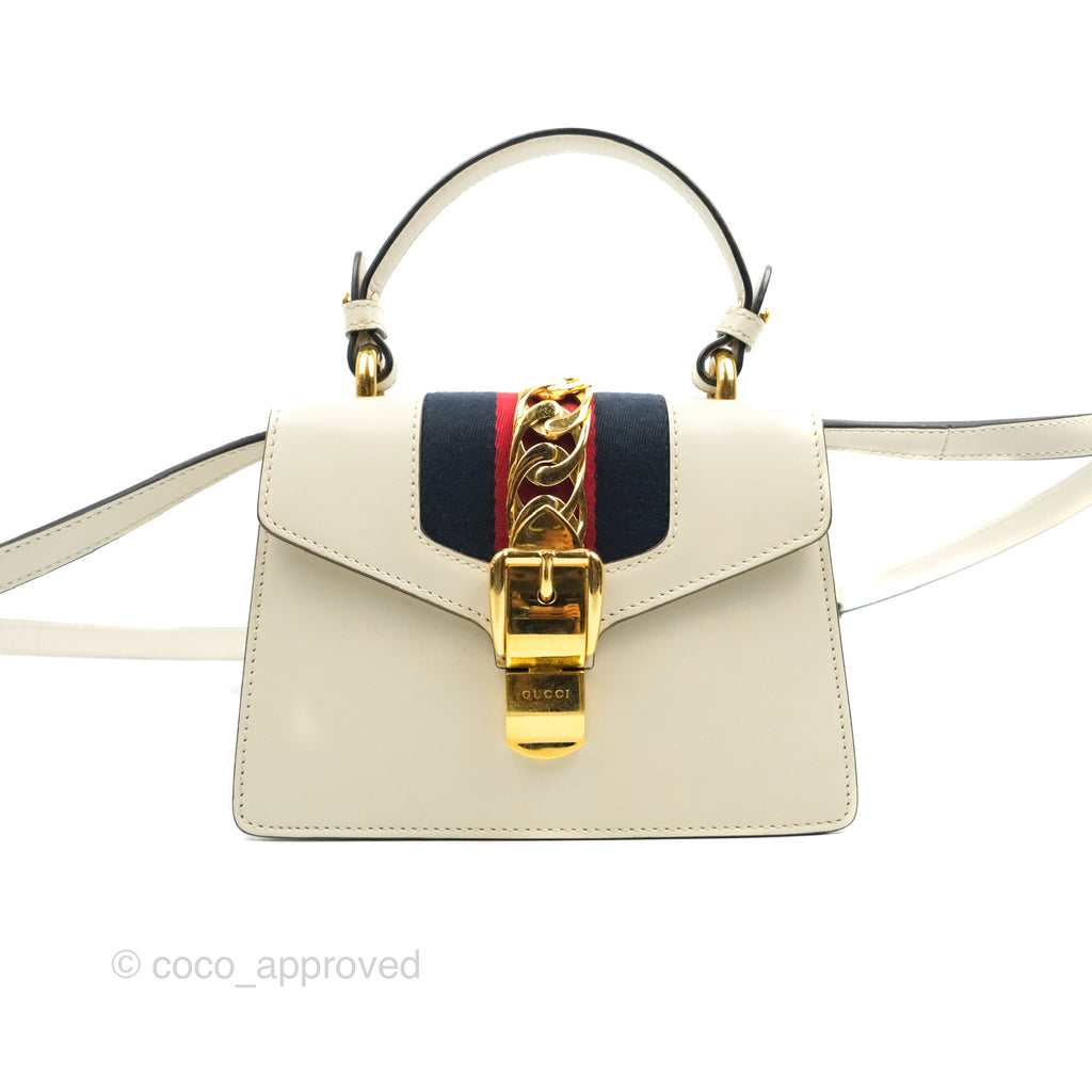 Gucci Mini Sylvie Top Handle White Calfskin Shoulder Bag⁣ ⁣⁣⁣⁣⁣⁣⁣⁣⁣⁣⁣⁣⁣⁣⁣⁣With Strap