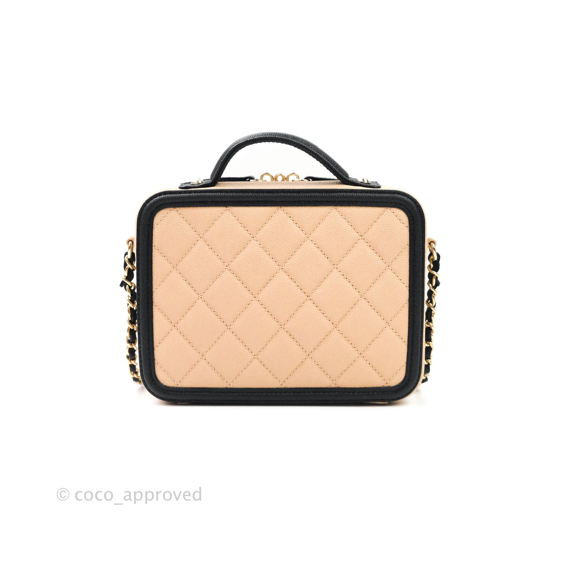Chanel Quilted New Small CC Filigree Vanity Case Beige Caviar Gold