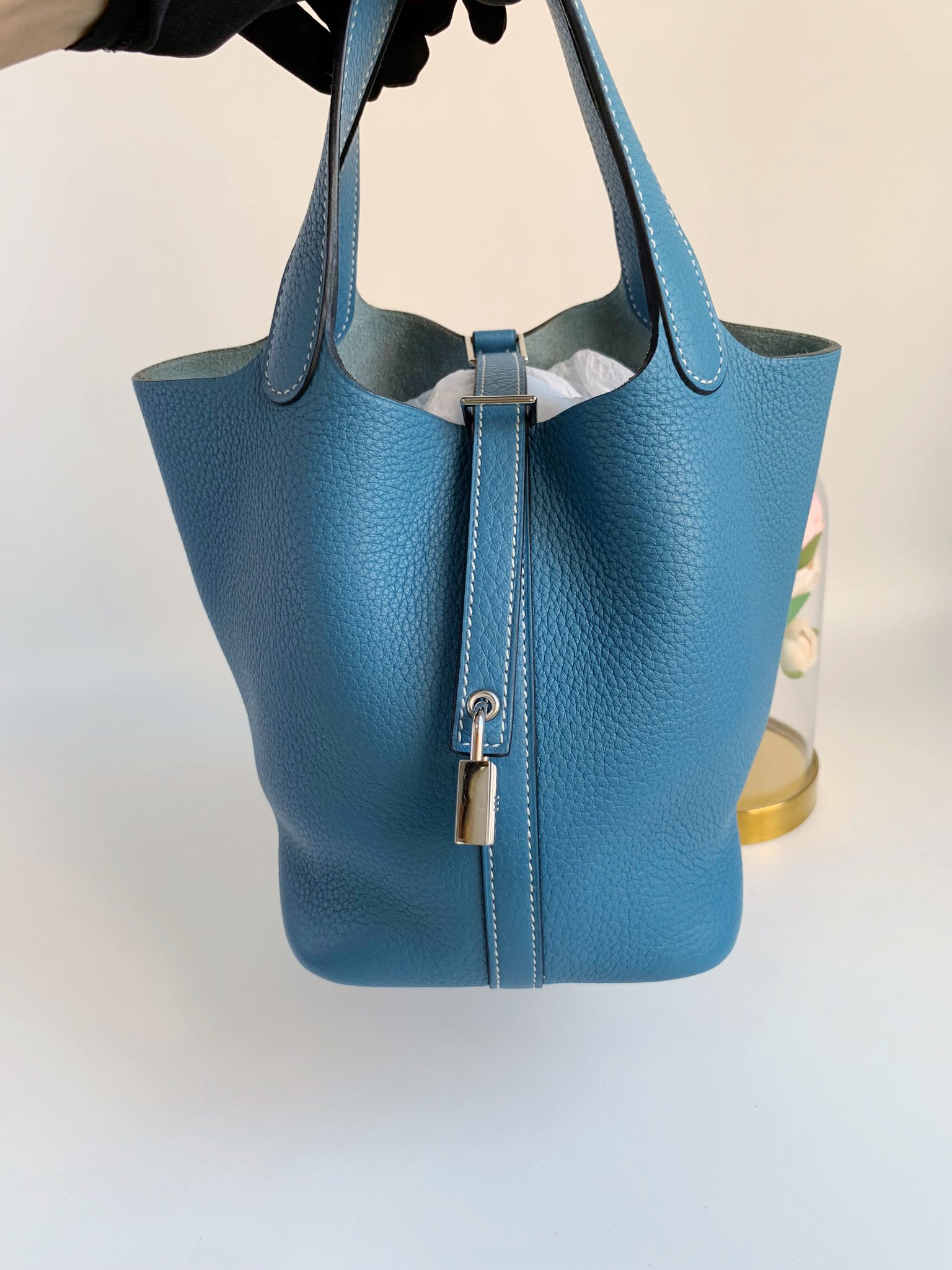 Hermes PHW Picotin PM Tote Bag Taurillon Clemence Leather Bleu Tempete Blue