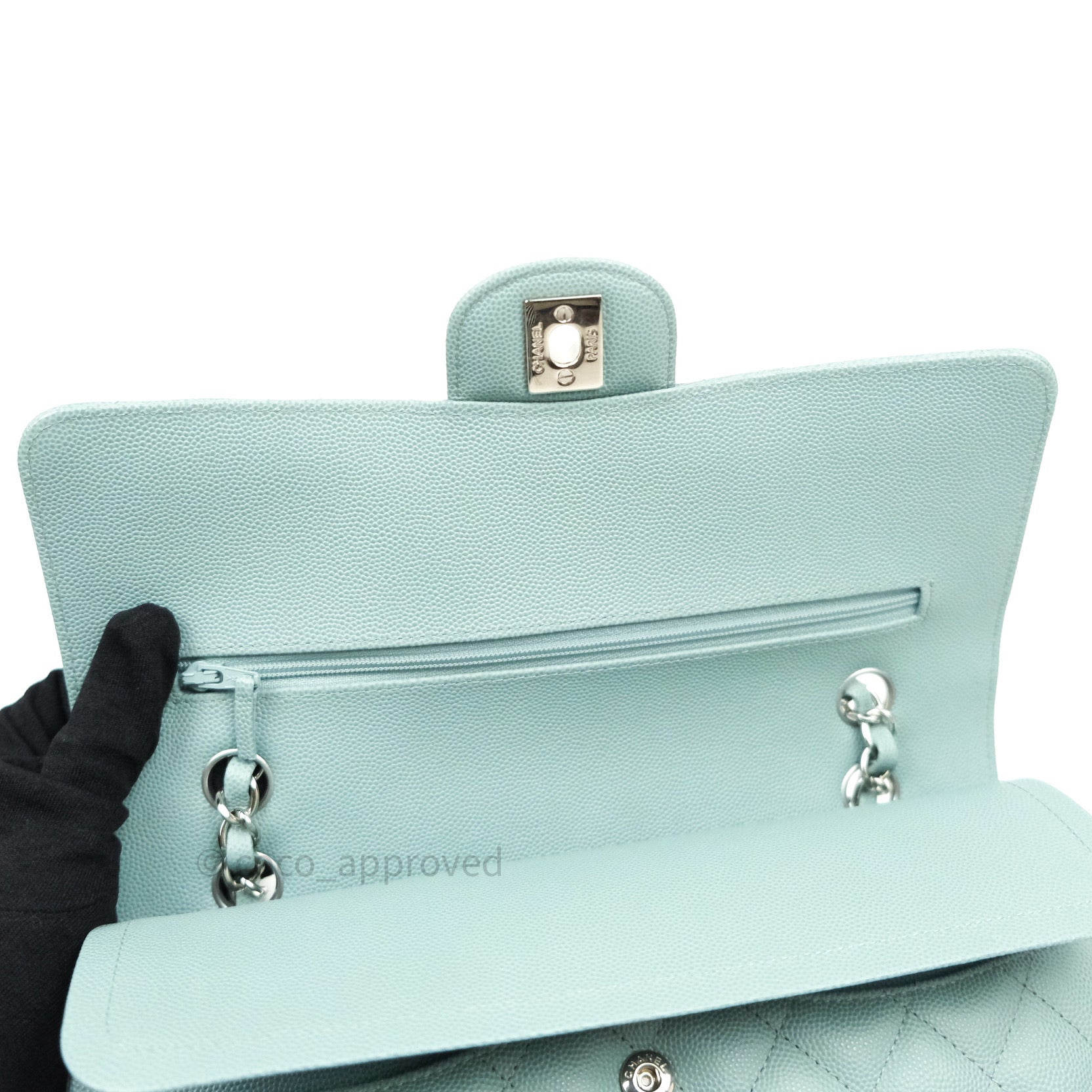 Chanel Classic M/L Medium Double Flap Bag Light Blue Caviar Silver