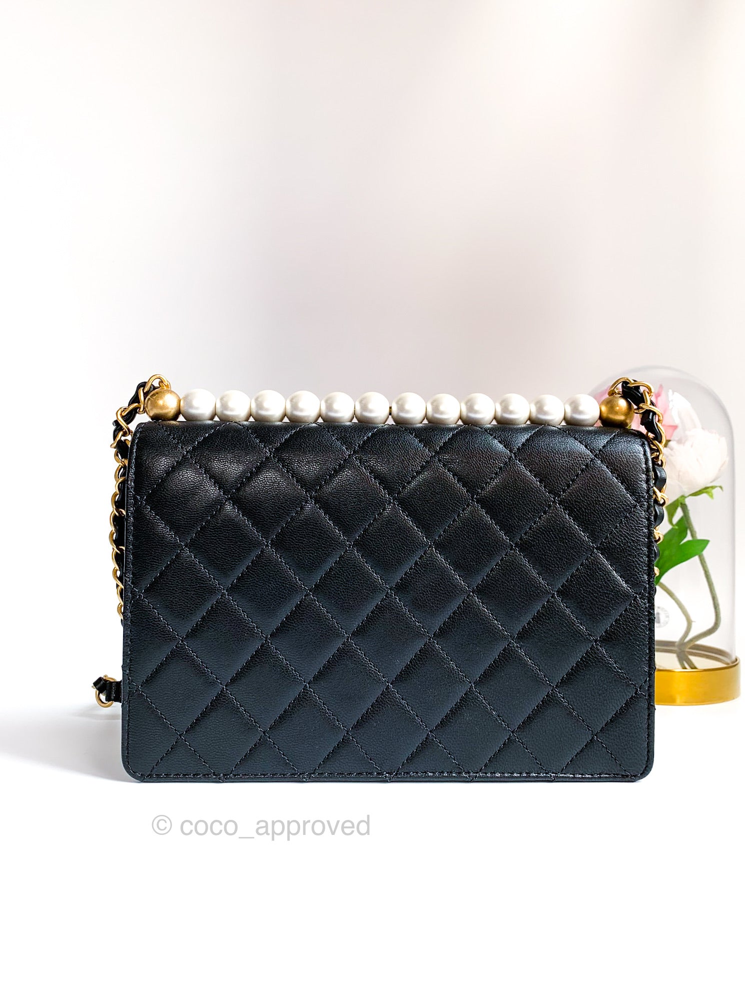 CHANEL  BLACK CHIC PEARLS SMALL FLAP BAG IN GOATSKIN LEATHER
