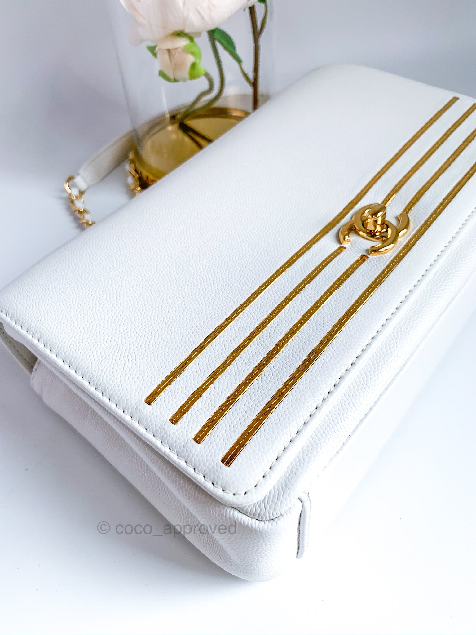 Chanel White Flap Bag Golden Strip Grained Calfskin Gold Hardware – Coco  Approved Studio