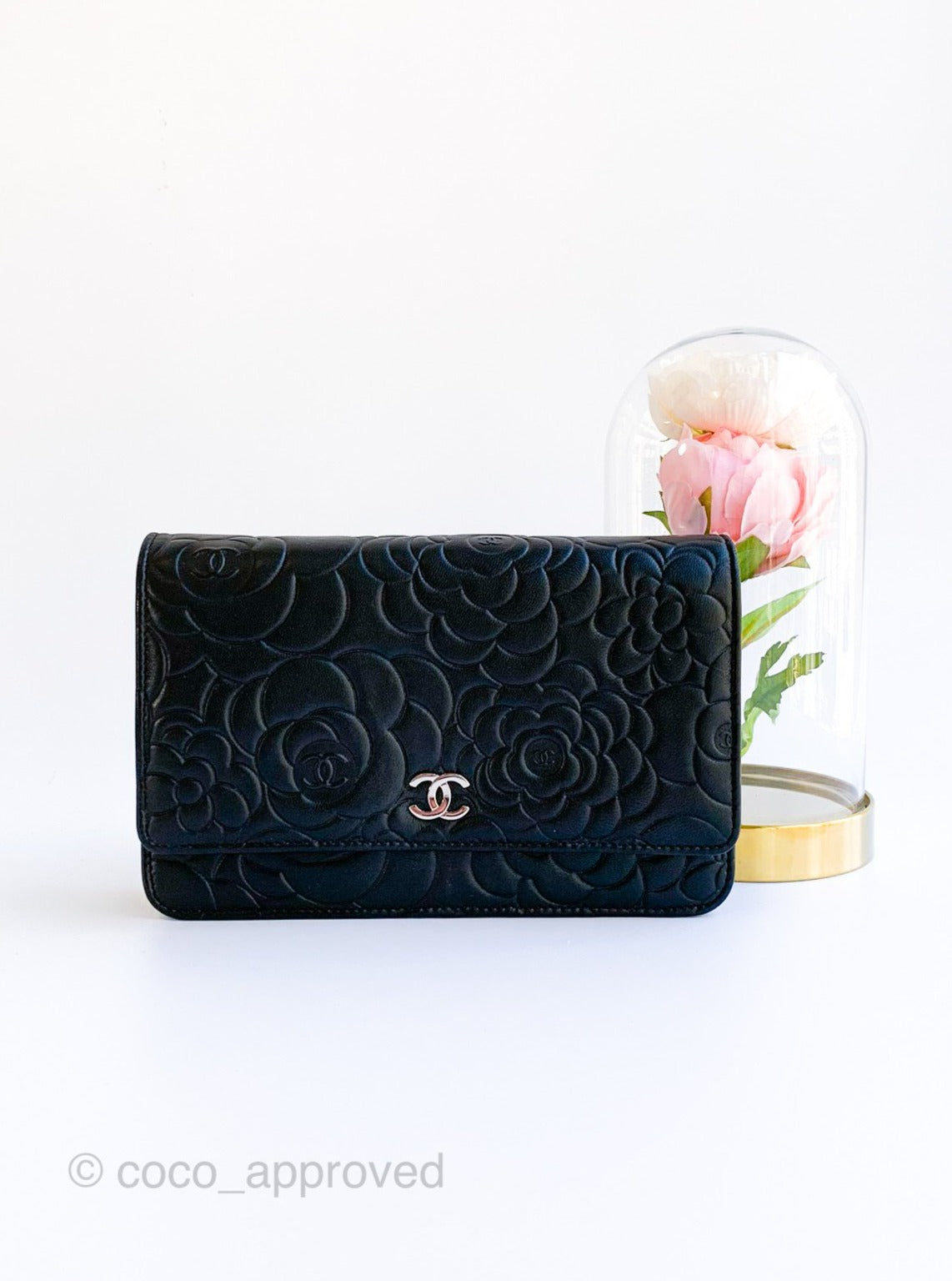 Chanel Camellia Wallet on Chain WOC Black Lambskin Silver Hardware