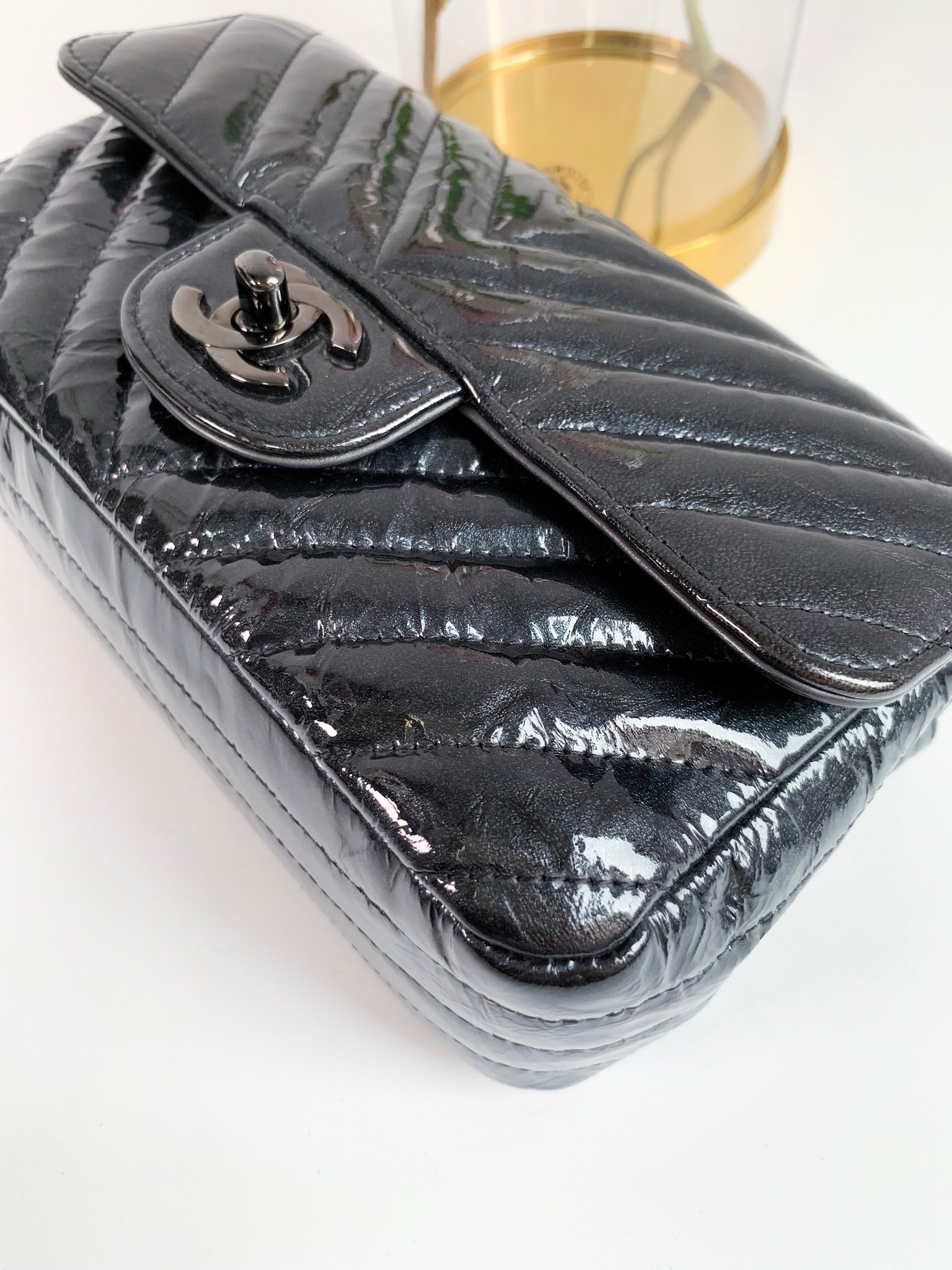 Chanel Mini Rectangular Crumpled Calfskin Chevron Flap So Black