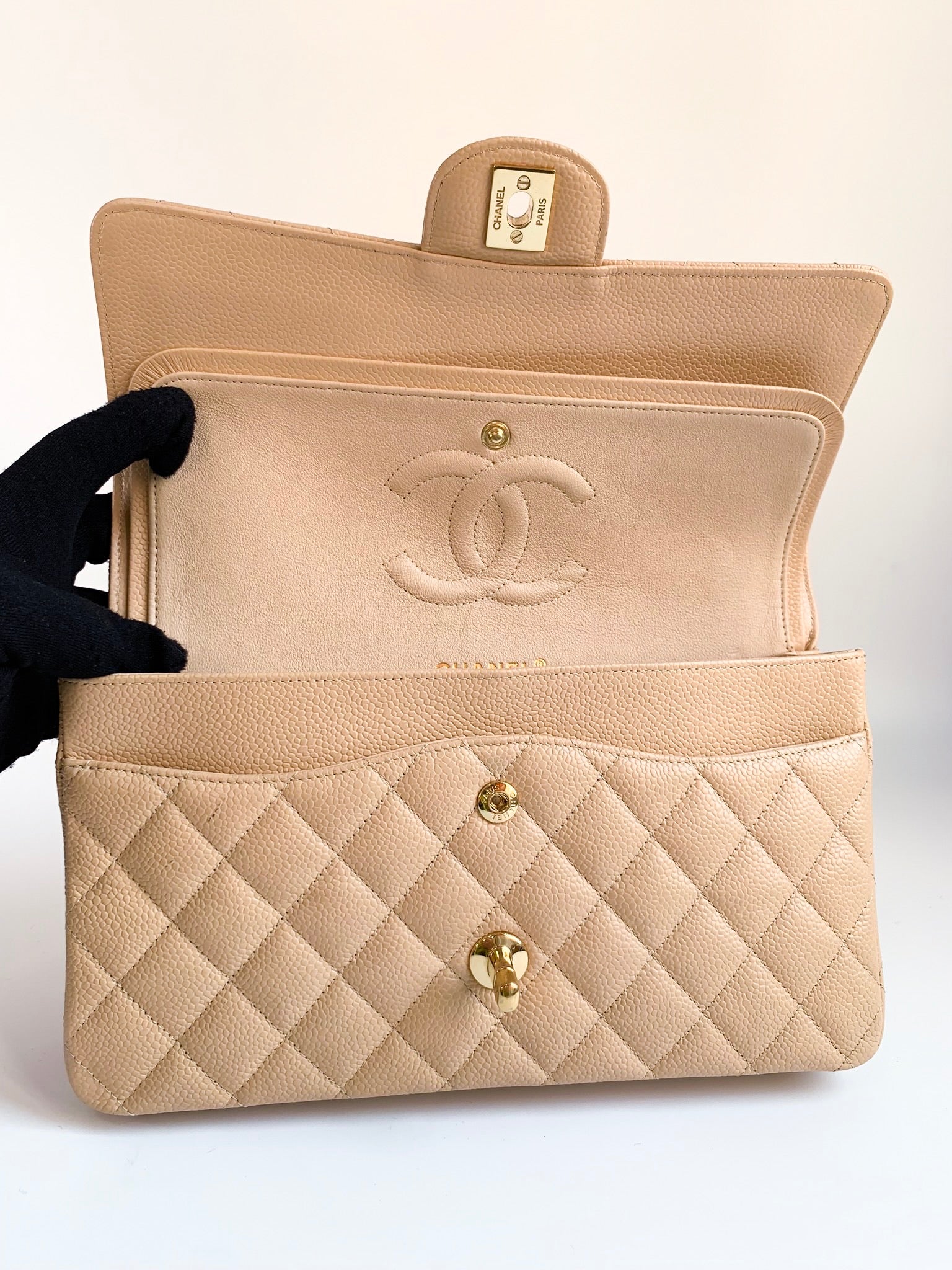 Chanel Beige Quilted Caviar Small Classic Double Flap Pale Gold