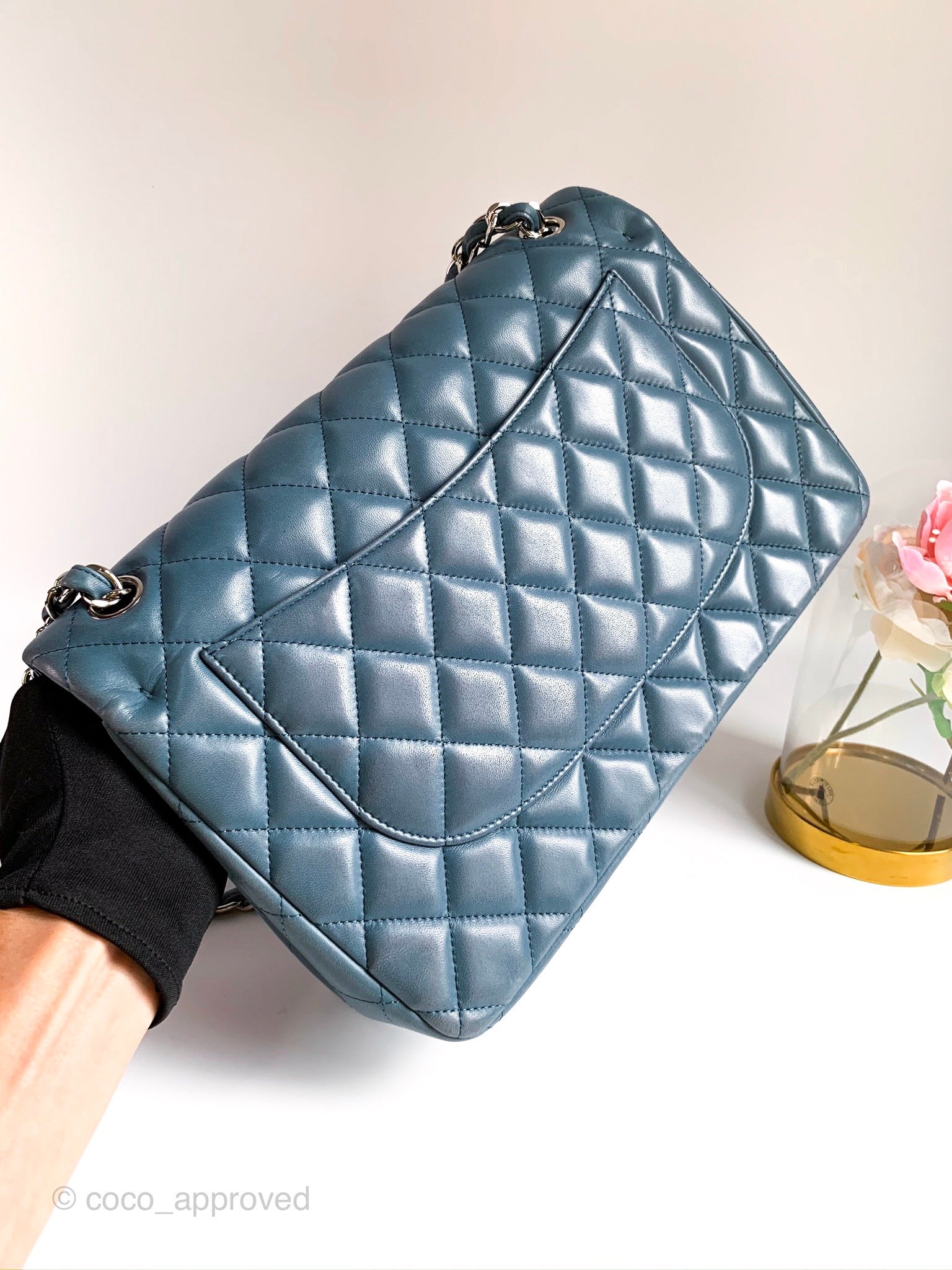 Chanel Sky Blue Quilted Iridescent Patent Leather Jumbo Classic