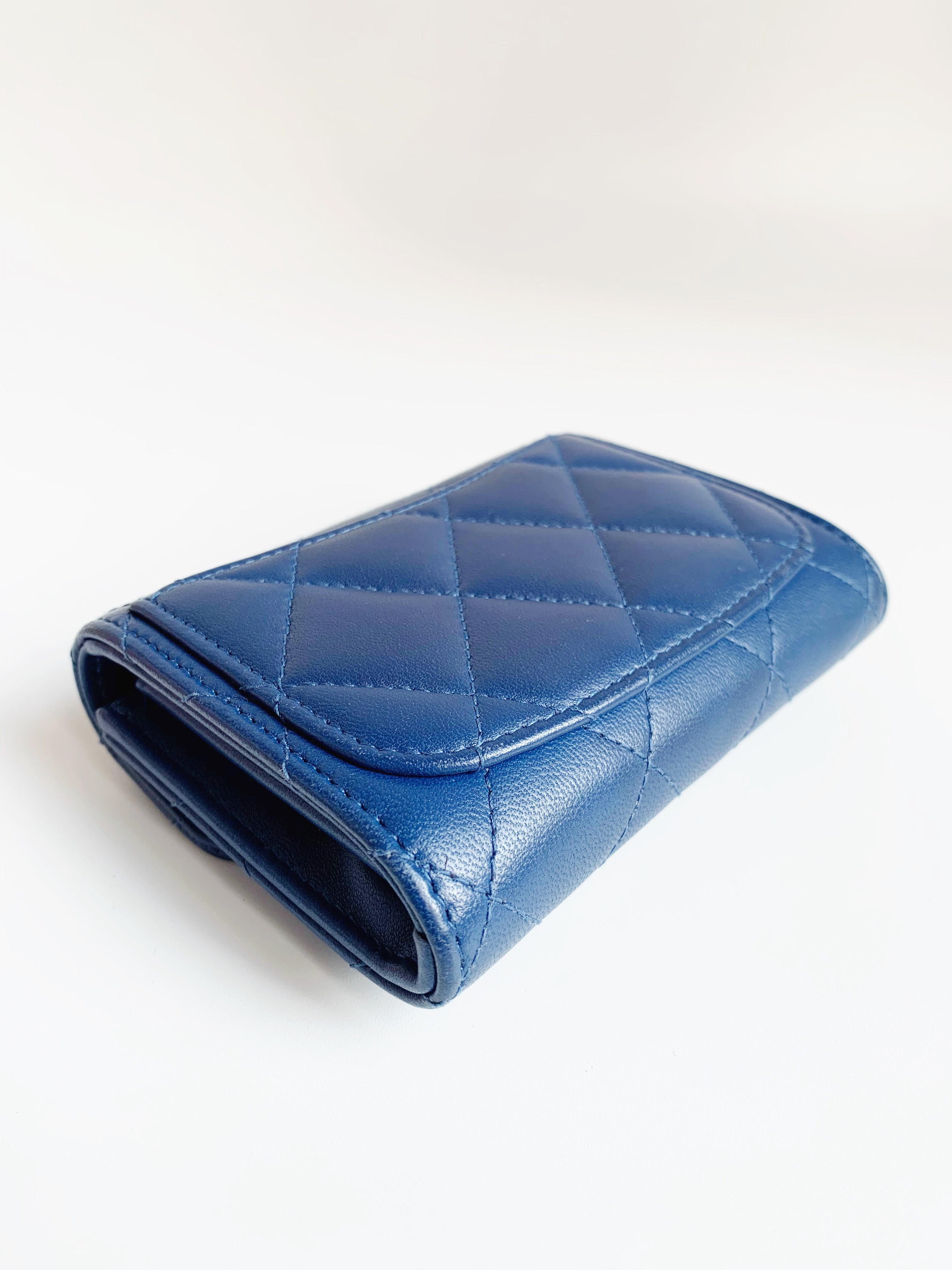 Chanel Quilted Flap Card Holder Wallet Blue Lambskin