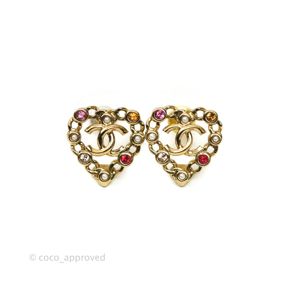 Chanel Pearl Crystal CC Heart Earrings Gold Multicolor 21P – Coco Approved  Studio