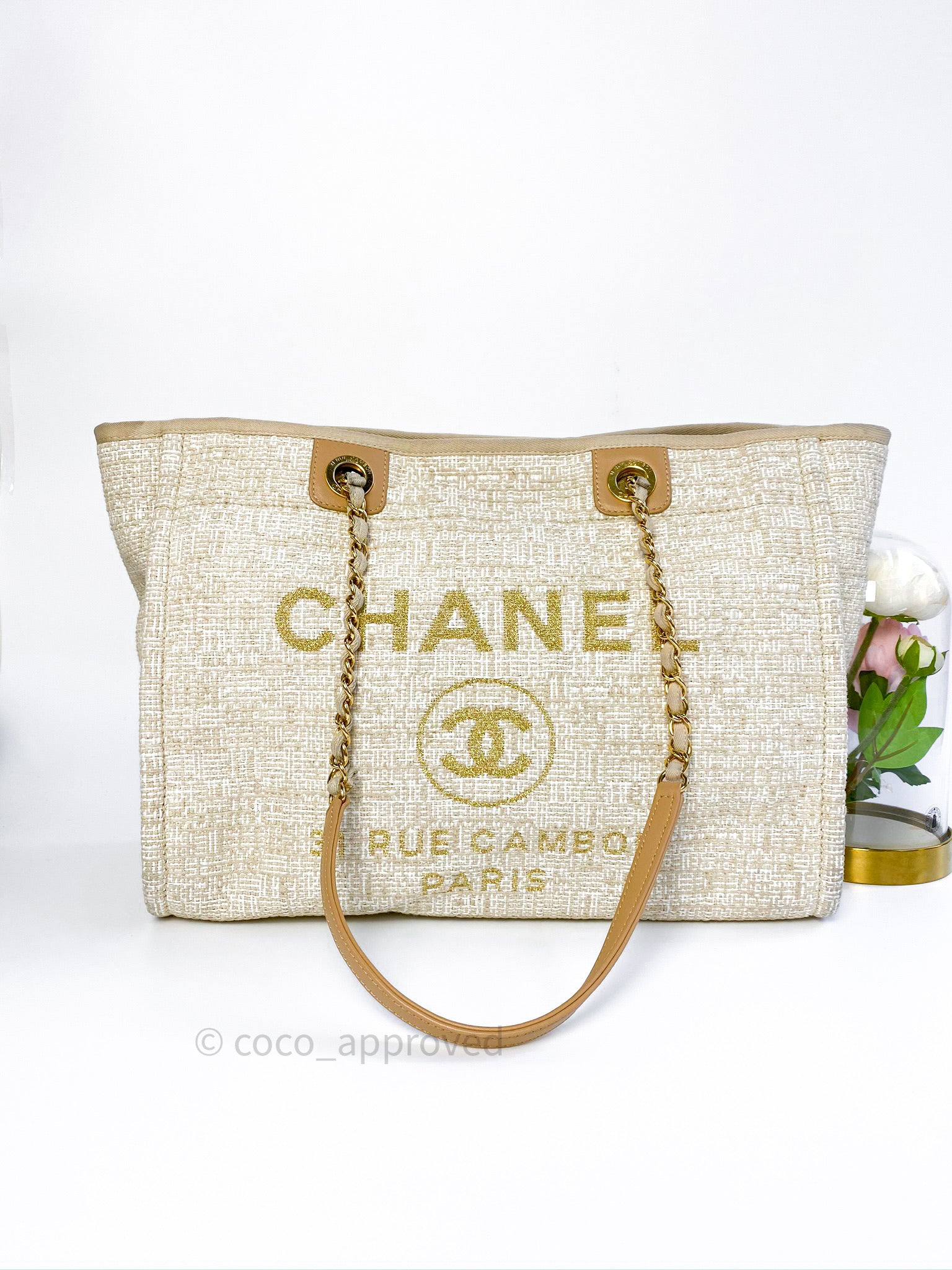 Chanel Canvas Deauville Medium Tote Beige Gold