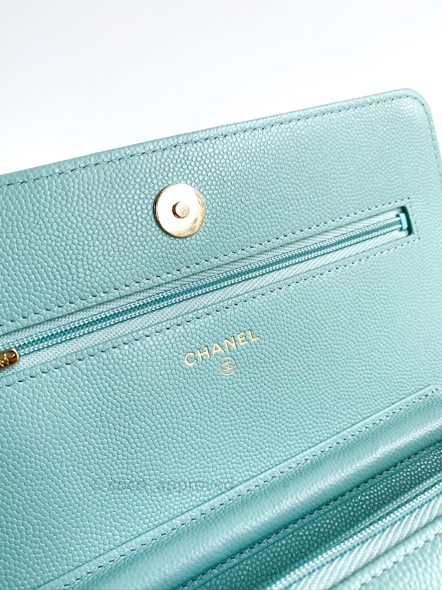 Chanel Quilted Wallet on Chain WOC Tiffany Blue Caviar Light Gold Hard –  Coco Approved Studio