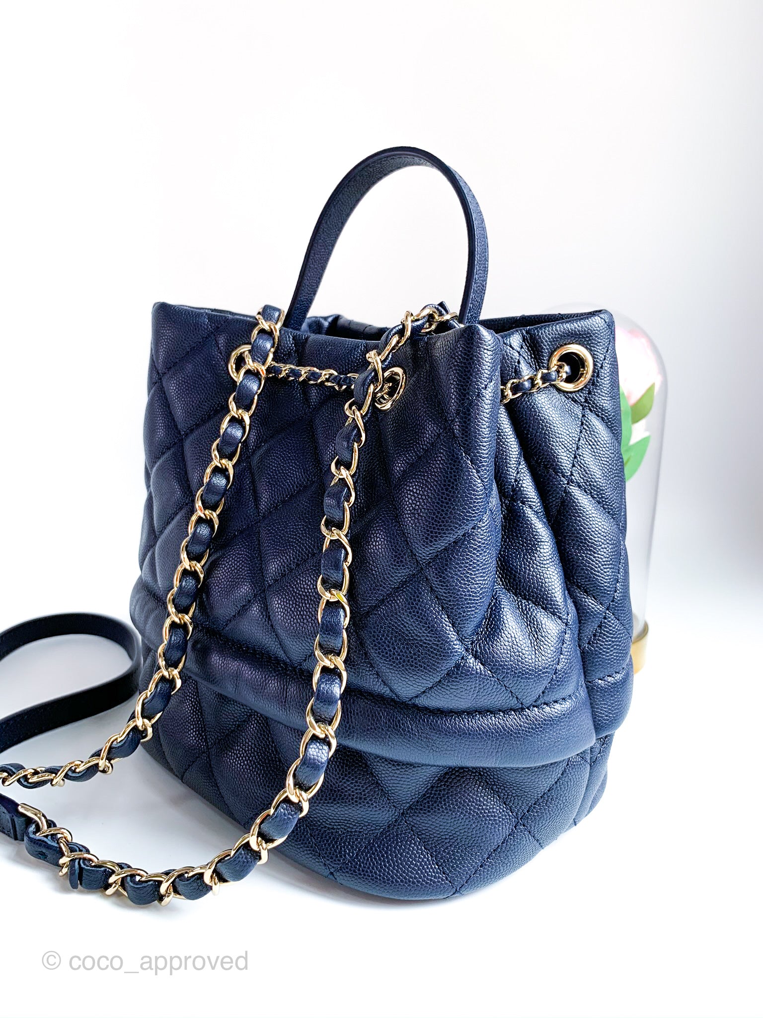 CHANEL Caviar Quilted Rolled Up Bucket Drawstring Bag Navy 840369