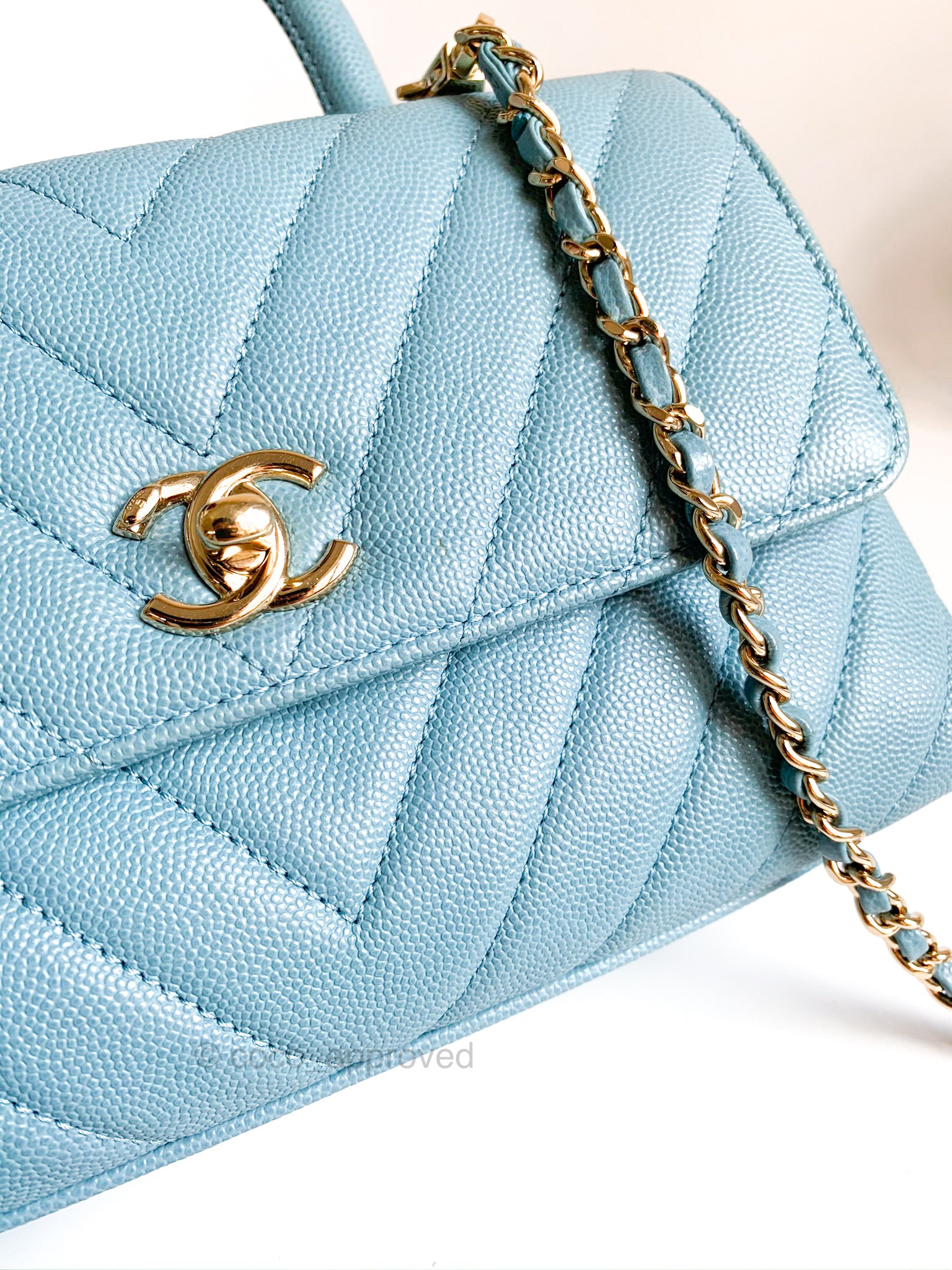 Chanel Coco Handle Mini Iridescent Misty Blue Caviar Chevron Light Gol –  Coco Approved Studio