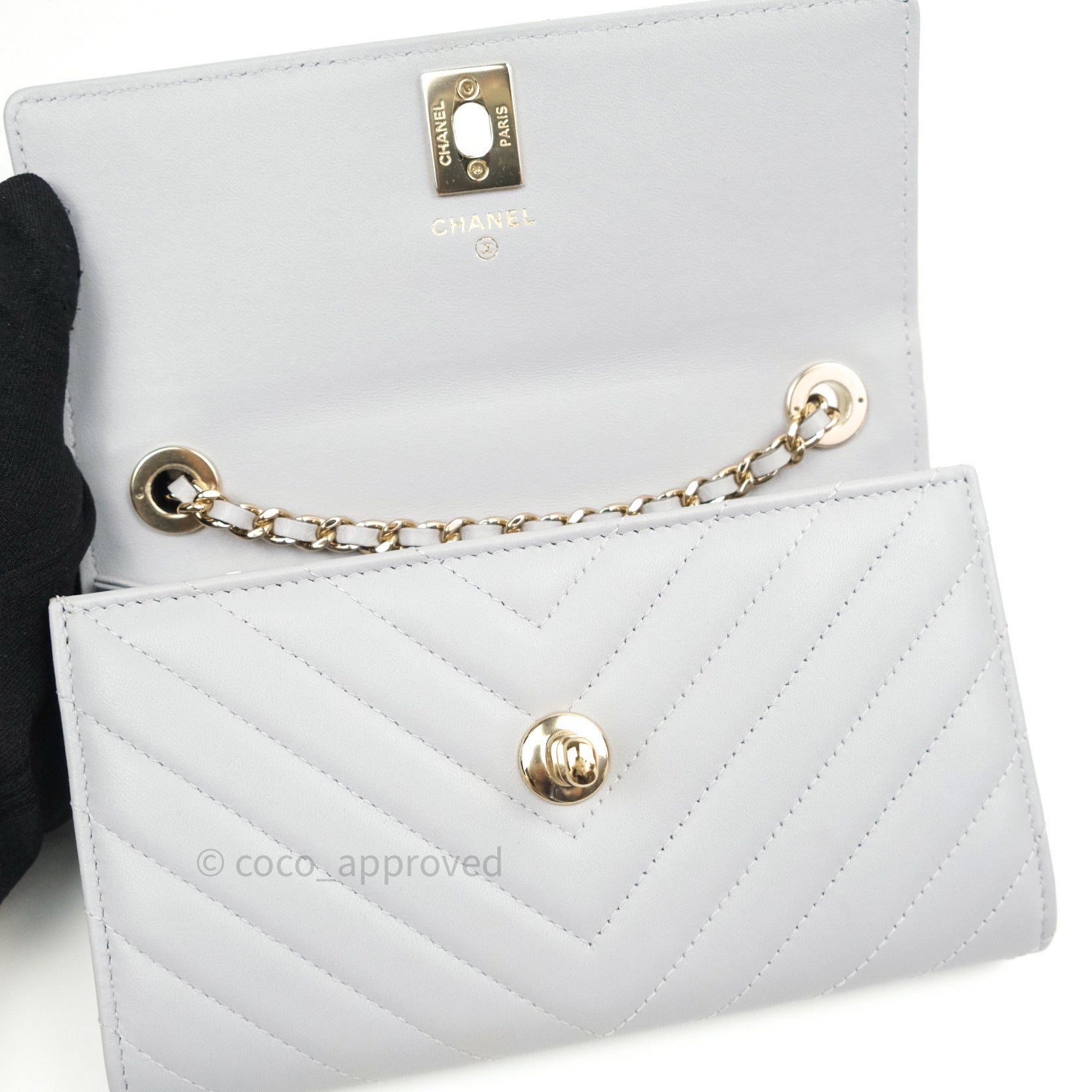 Chanel Mini Trendy CC Wallet On Chain WOC Lambskin Chevron Grey Gold H –  Coco Approved Studio
