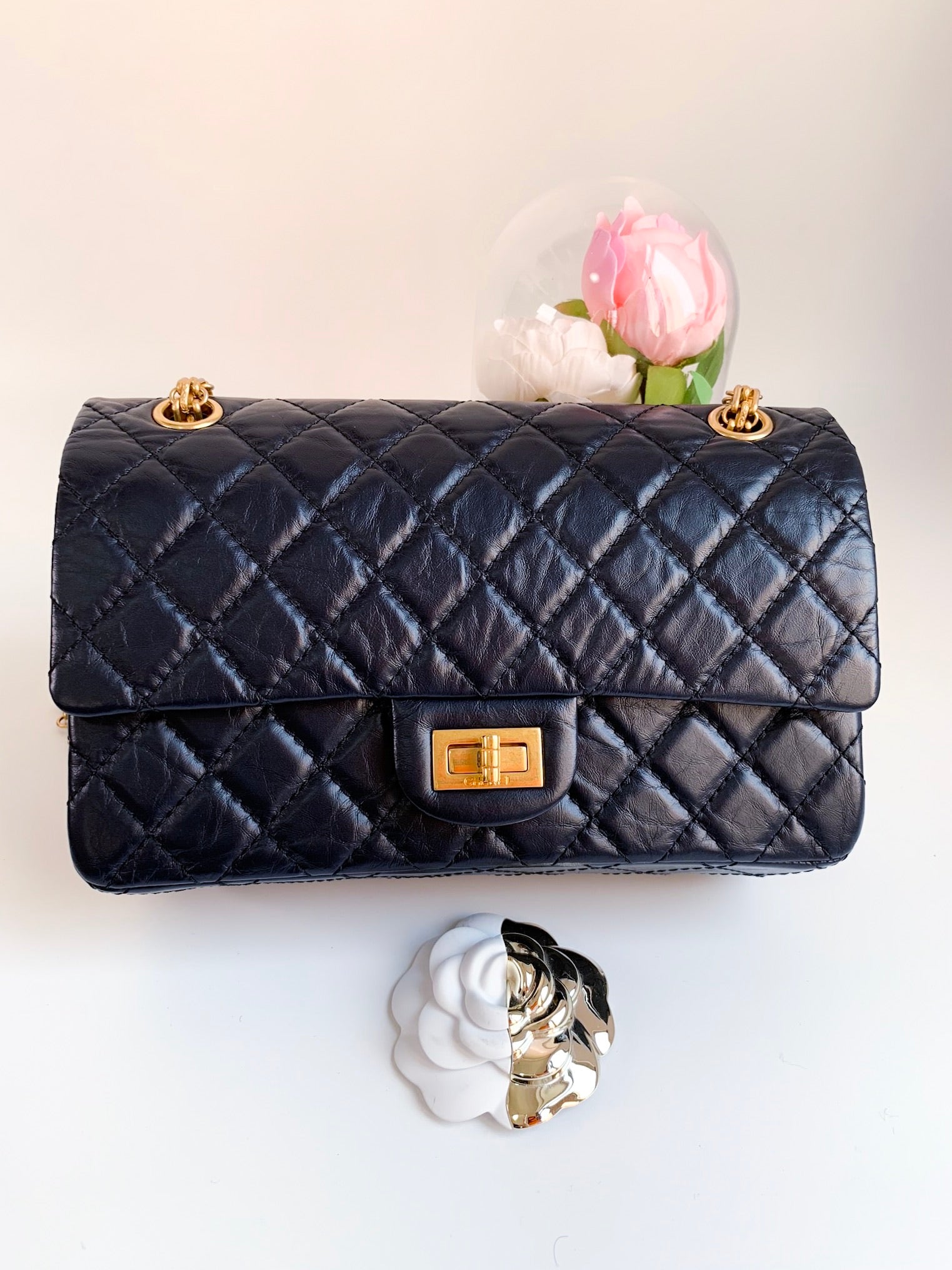 Chanel Aged Calfskin Quilted 2.55 Reissue 225 Flap Navy Gold Hardware – Coco  Approved Studio