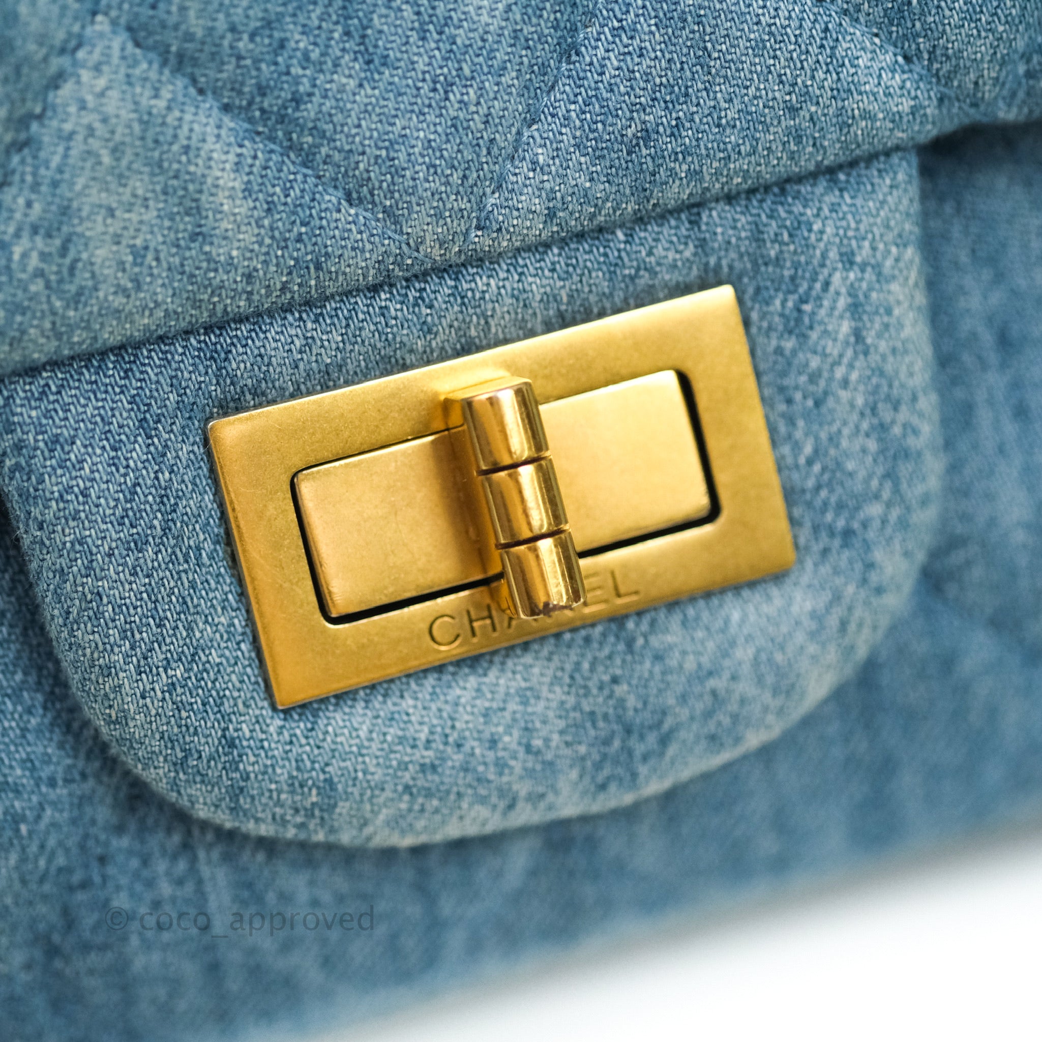 Chanel Dark Blue Printed Denim Quilted Mini Rectangular Classic Single Flap Gold Hardware, 2022 (Like New), Womens Handbag