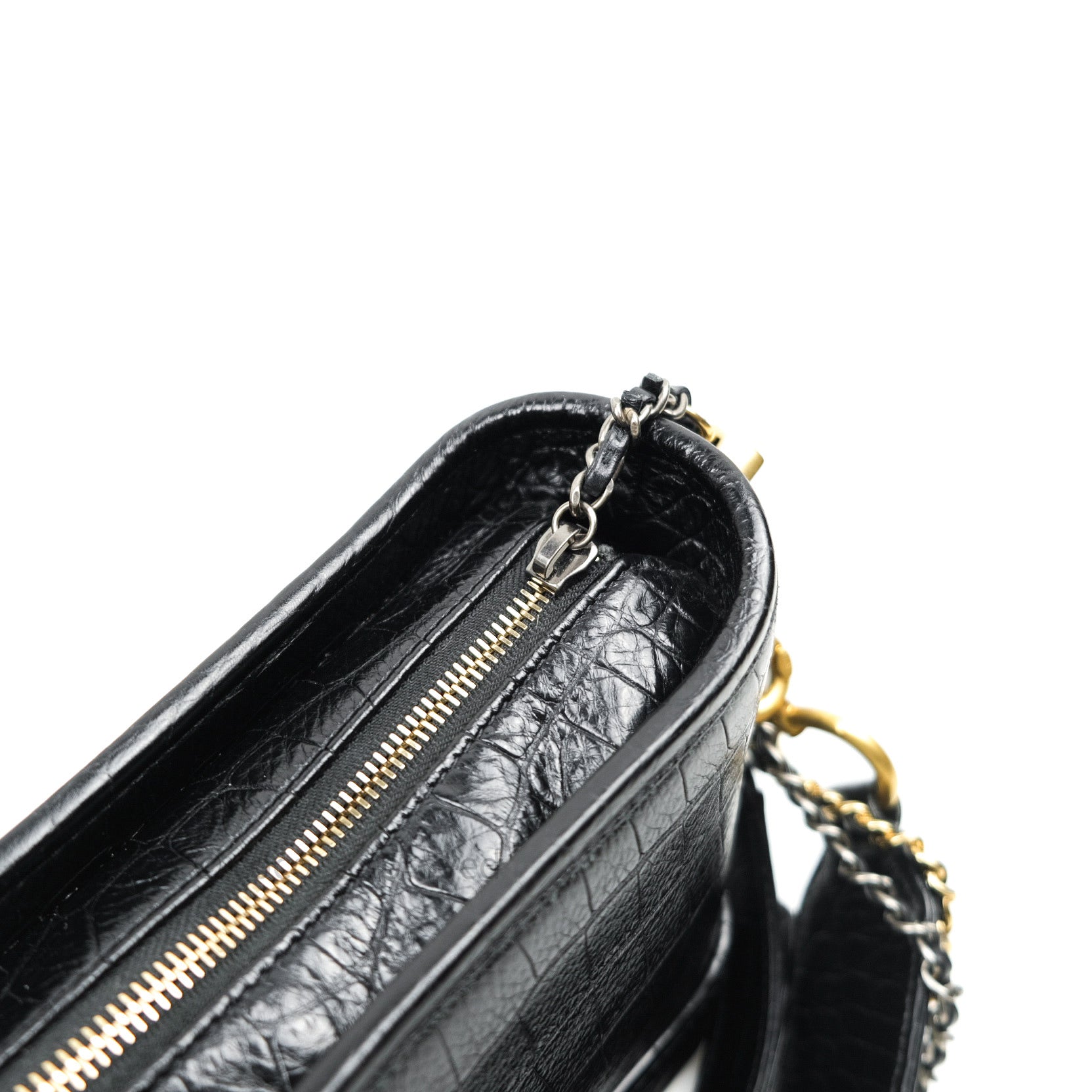 Chanel Gabrielle Hobo Bag Crocodile Embossed Calfskin Gold/Silver-tone Black  in Calfskin with Gold/Silver-tone - US