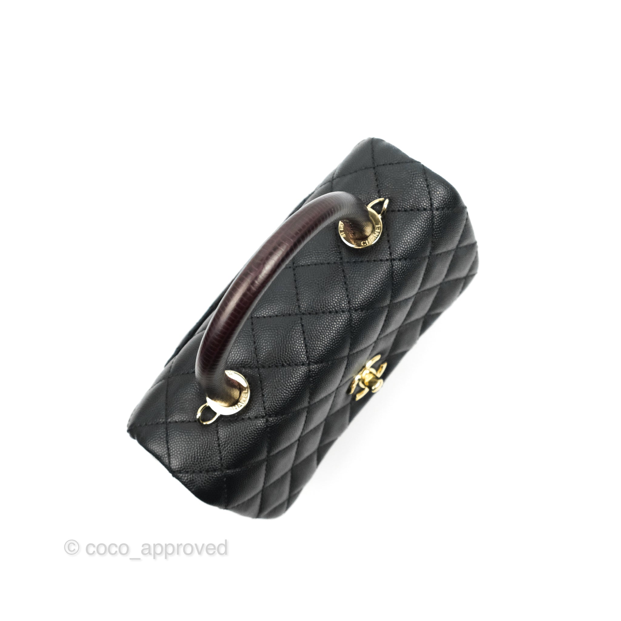 Chanel Small Coco Handle Quilted Black Caviar Gold Hardware Lizard