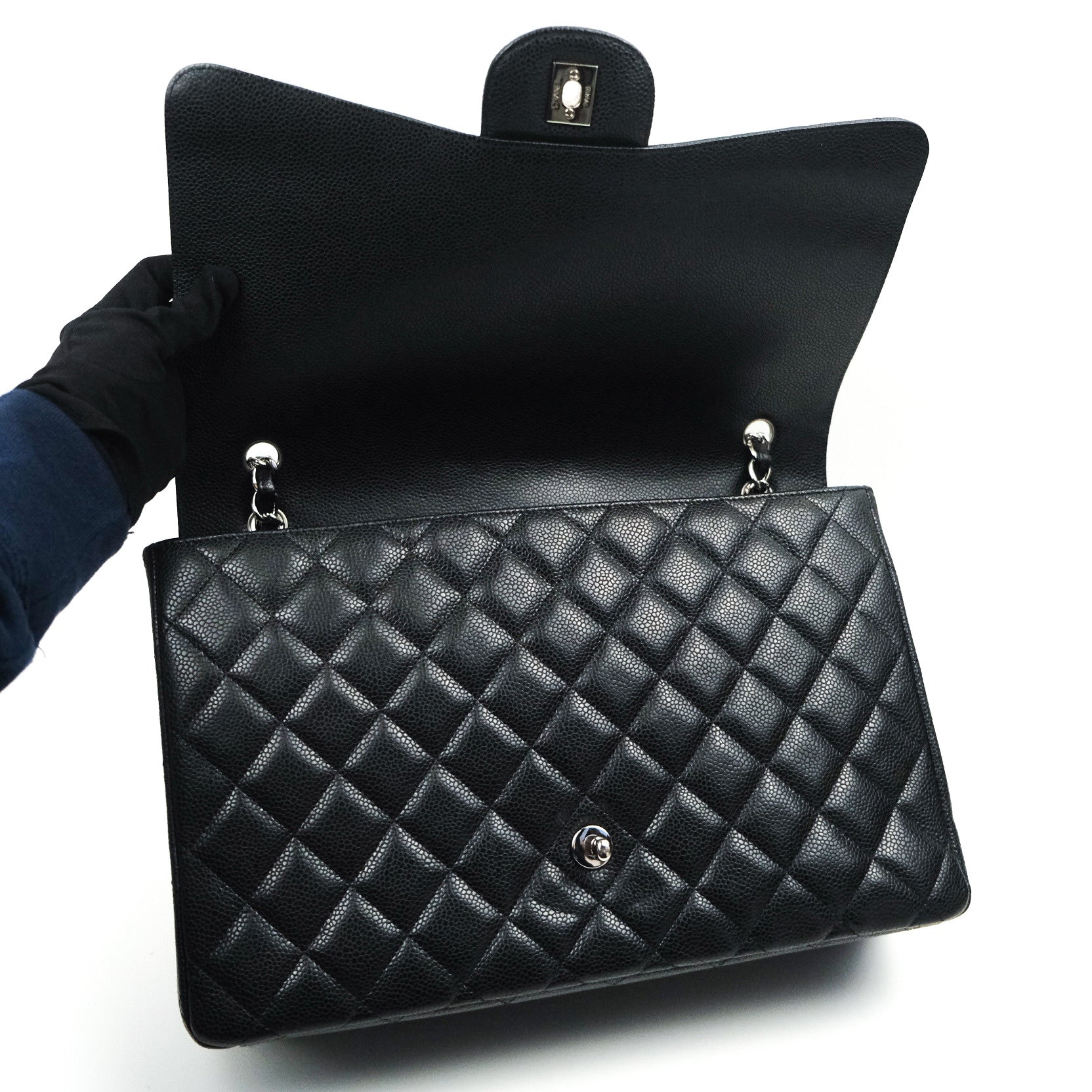 Chanel Classic Maxi Single Flap Quilted Black Caviar Silver