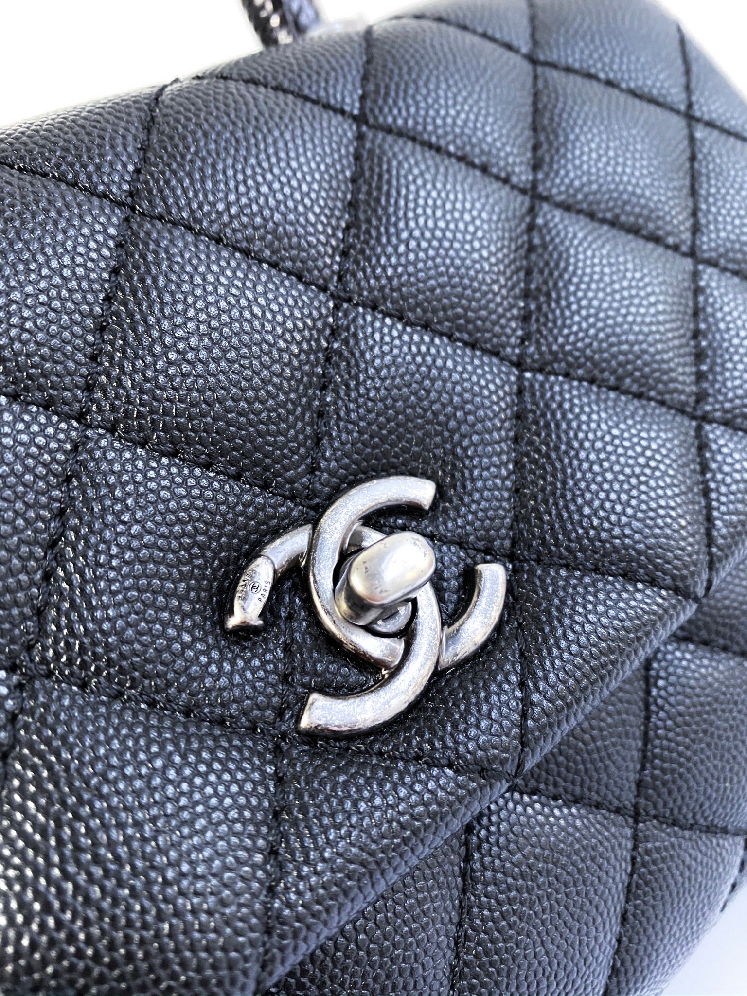 Chanel Coco Handle Bag Quilted Grained Caviar Ruthenium Mini Black - US