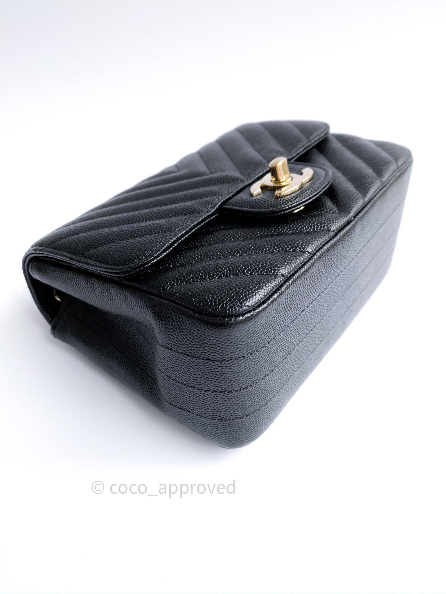 Chanel Classic Mini Rectangular, Black Shiny Chevron Calfskin with Aged  Gold Hardware, Preowned in Box WA001