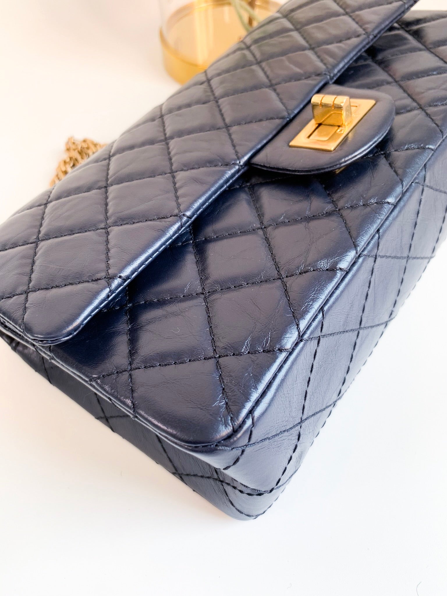 Chanel Navy Quilted Calfskin 2.55 Medium Reissue 226 Double Flap Ruthenium Hardware, 2017-2018 (Very Good), Blue Womens Handbag