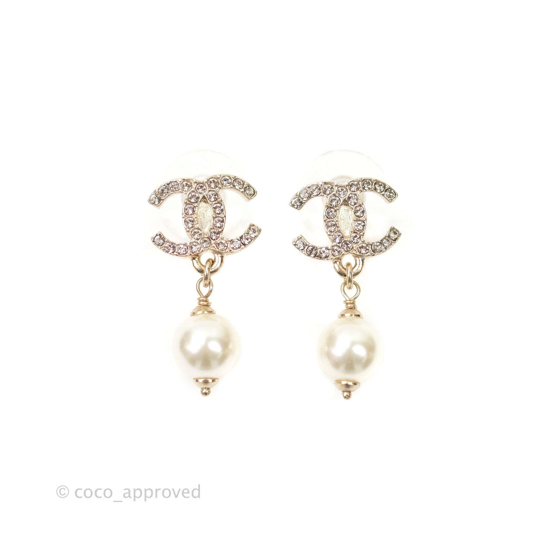 Chanel CC Pearl Heart Drop Earrings Gold Tone 22C