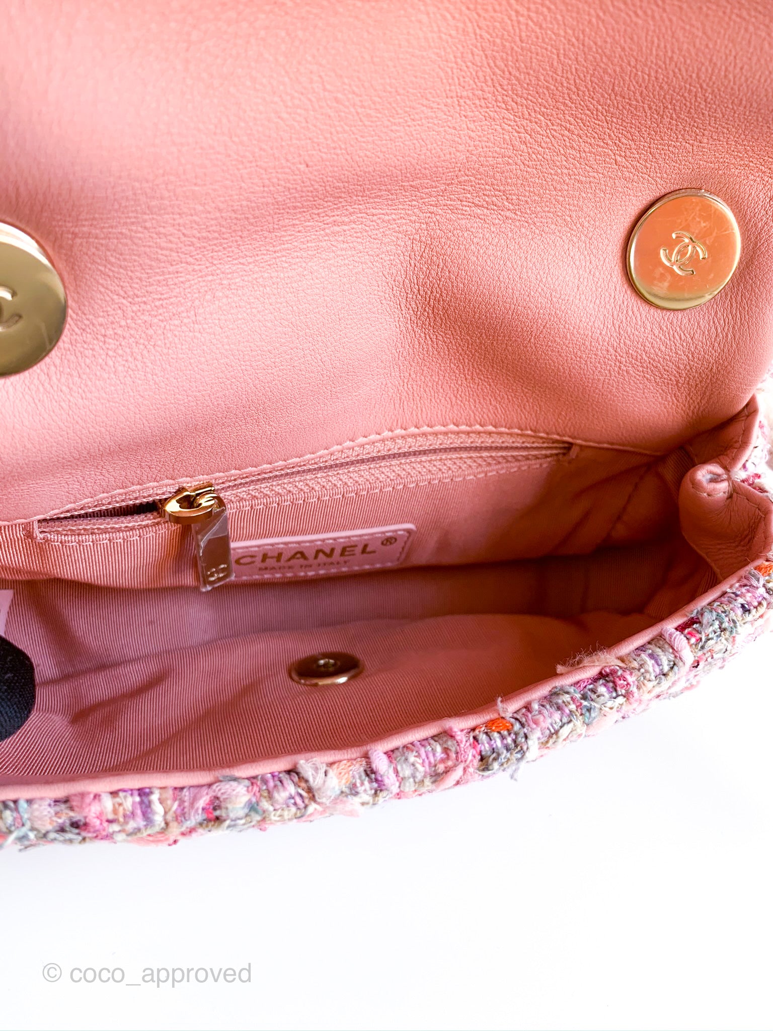 Chanel 2019 Pink Tweed Fabric & Pearls Classic Single Flap Bag