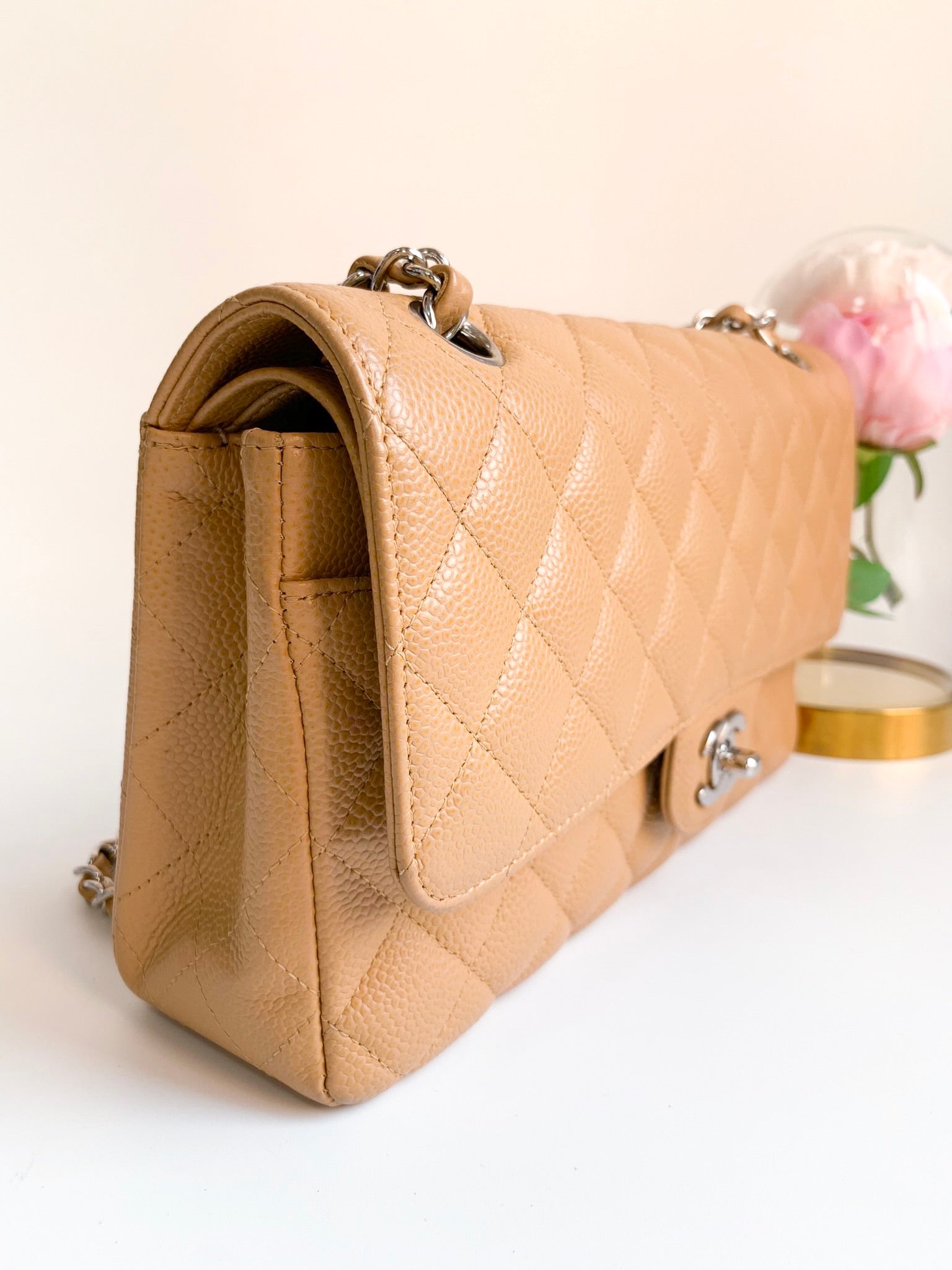 CHANEL Timeless Vintage S/M Classic Quilted Double Flap Beige