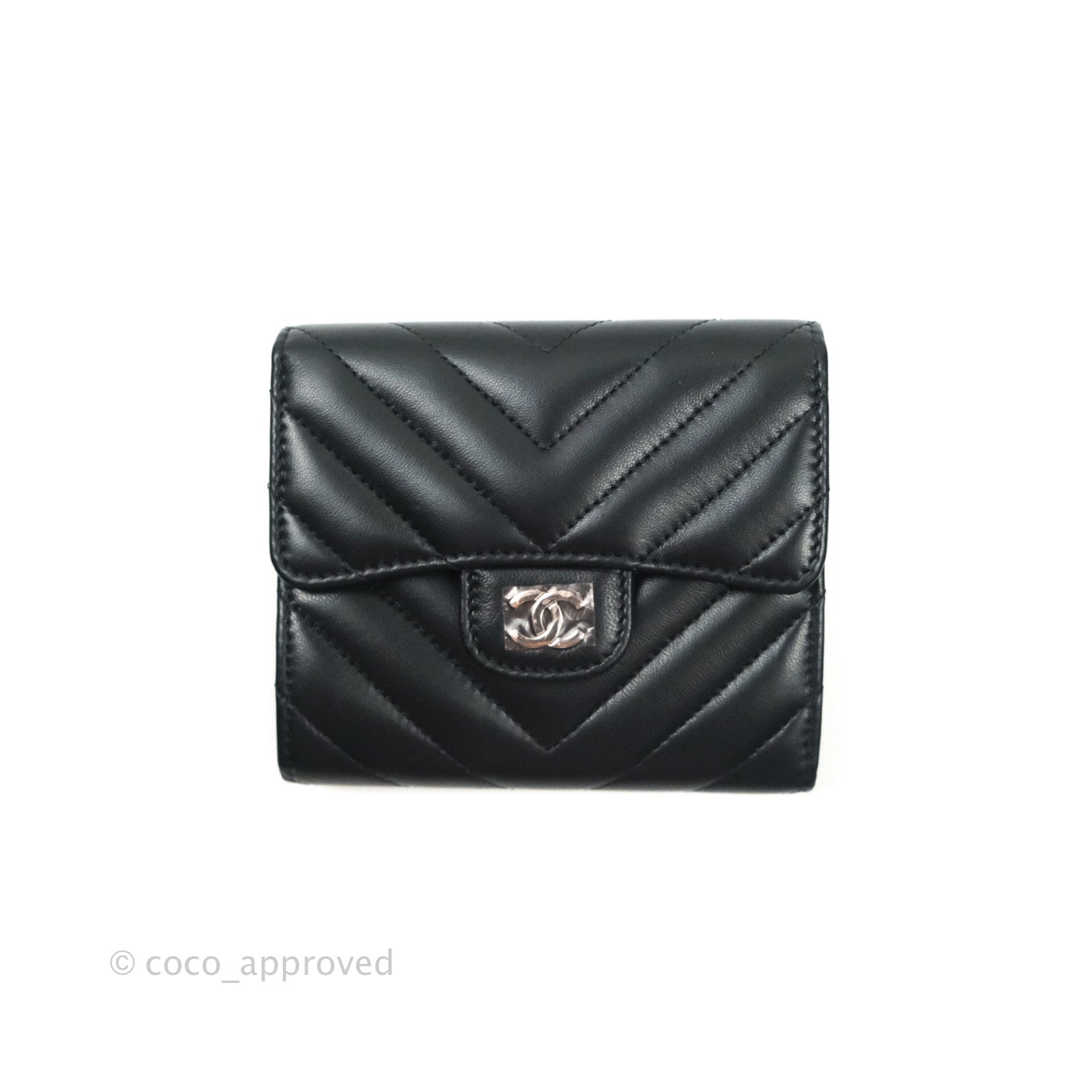 Chanel Chevron Small Compact Wallet Black Lambskin Silver Hardware
