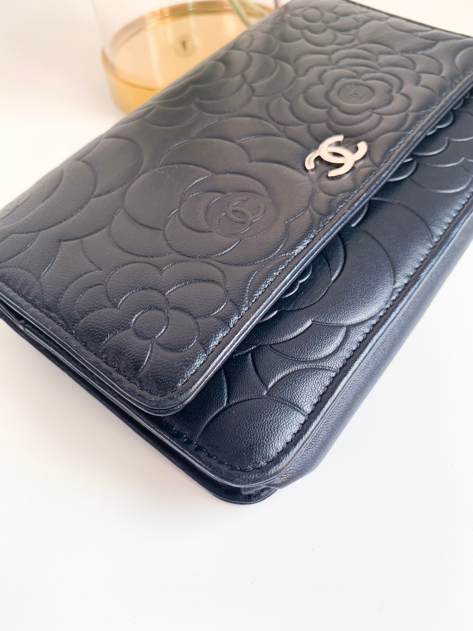 Chanel Lambskin Camellia Embossed Wallet On Chain WOC Black