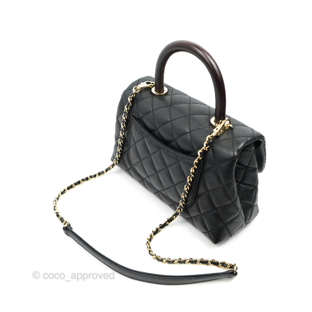 Chanel Small Coco Handle Quilted Black Caviar Gold Hardware Lizard Emb – Coco  Approved Studio